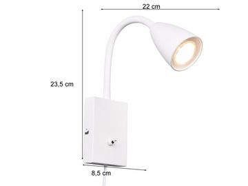 meineWunschleuchte LED Leselampe, Dimmfunktion, LED wechselbar, Warmweiß, innen Nachttischlampe Wand mit Stecker und Schalter Weiß Höhe 23,5cm