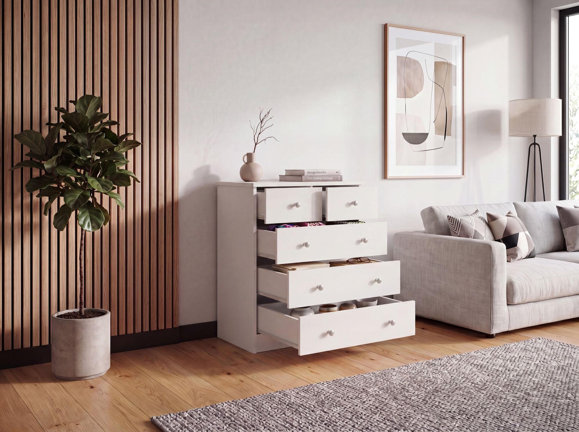 FineBuy Design Holz-Kommode 60 x 70 x 35 cm mit 5 Schubladen, Mehrzweckanrichte flach für Flur, Modernes Sideboard zeitlose Anrichte – Bild 4 von 5