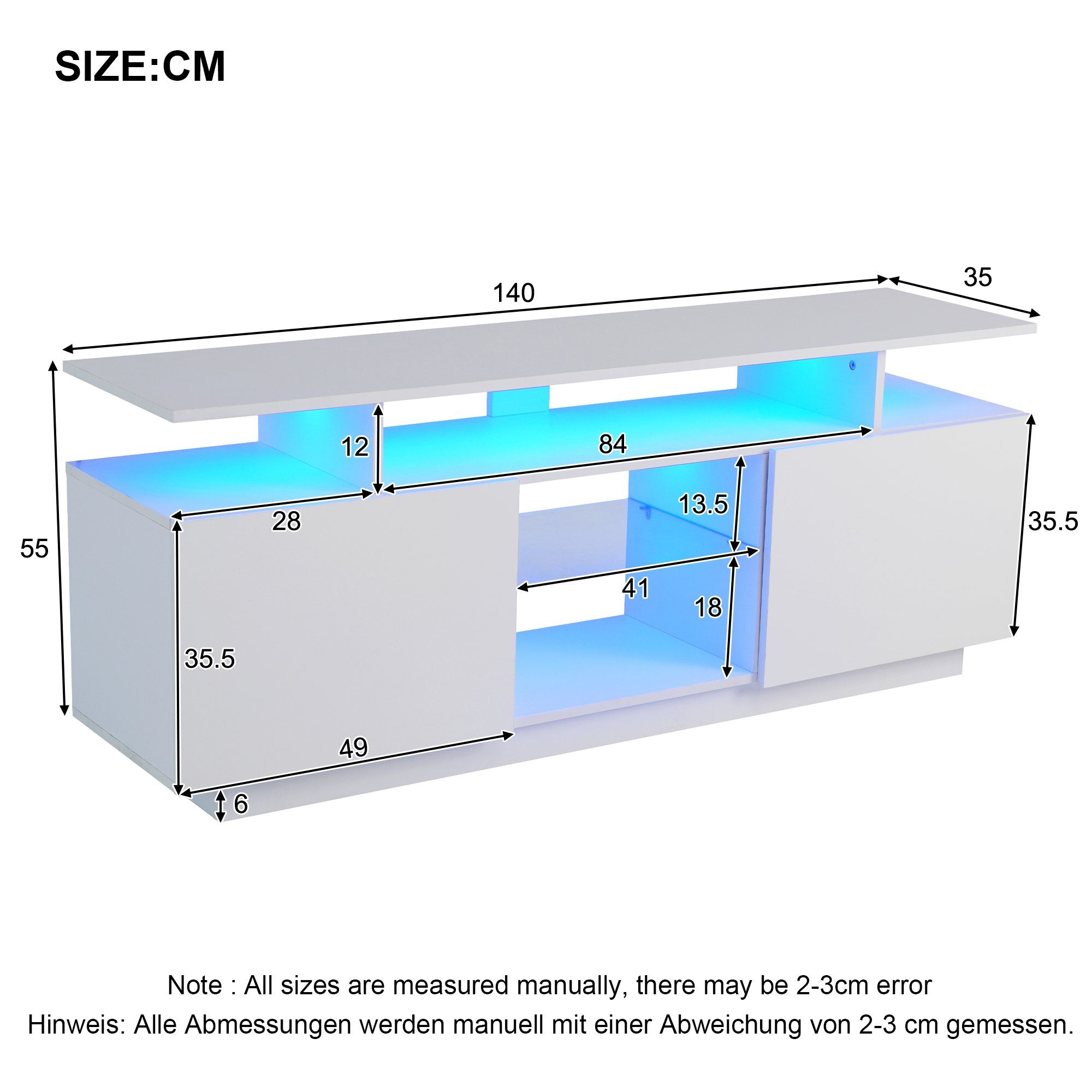 hochglänzend Odikalo Glasfächern Lagerschrank Sideboard weiß LED Türblätter 16 TV-Schrank