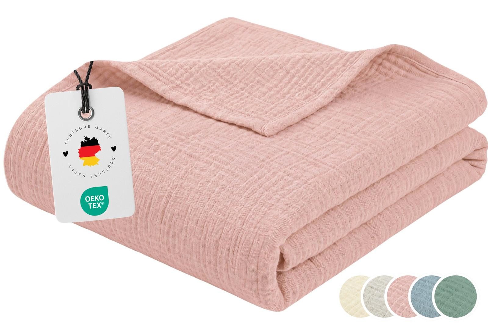 Wohndecke Musselin Decke 150 x 200 100% Baumwolle Kuscheldecke Tagesdecke Plaid, Carpe Sonno, Leichte Musselindecke für Sofa Couch Wohnzimmer Bett - Rosa