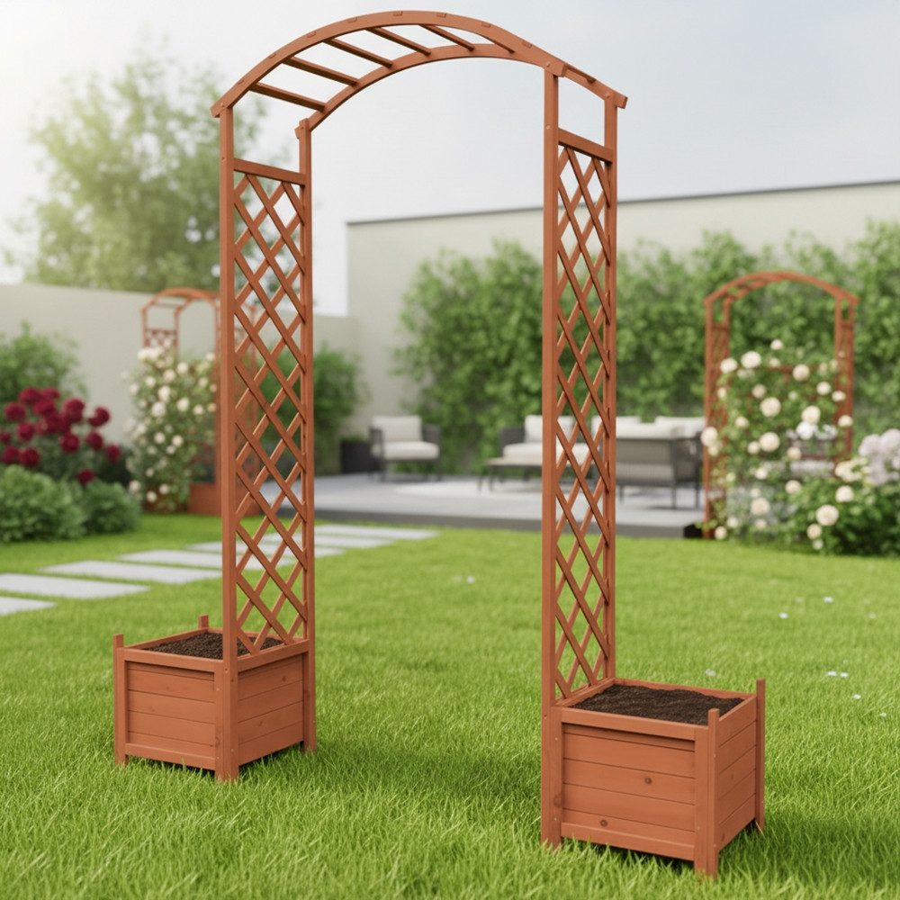 Melko Rosenbogen Rankhilfe mit Blumenkübel aus Holz in Braun Rosenbogen Torbogen Stück, Premium-Rosenbogen, Fichtenholz