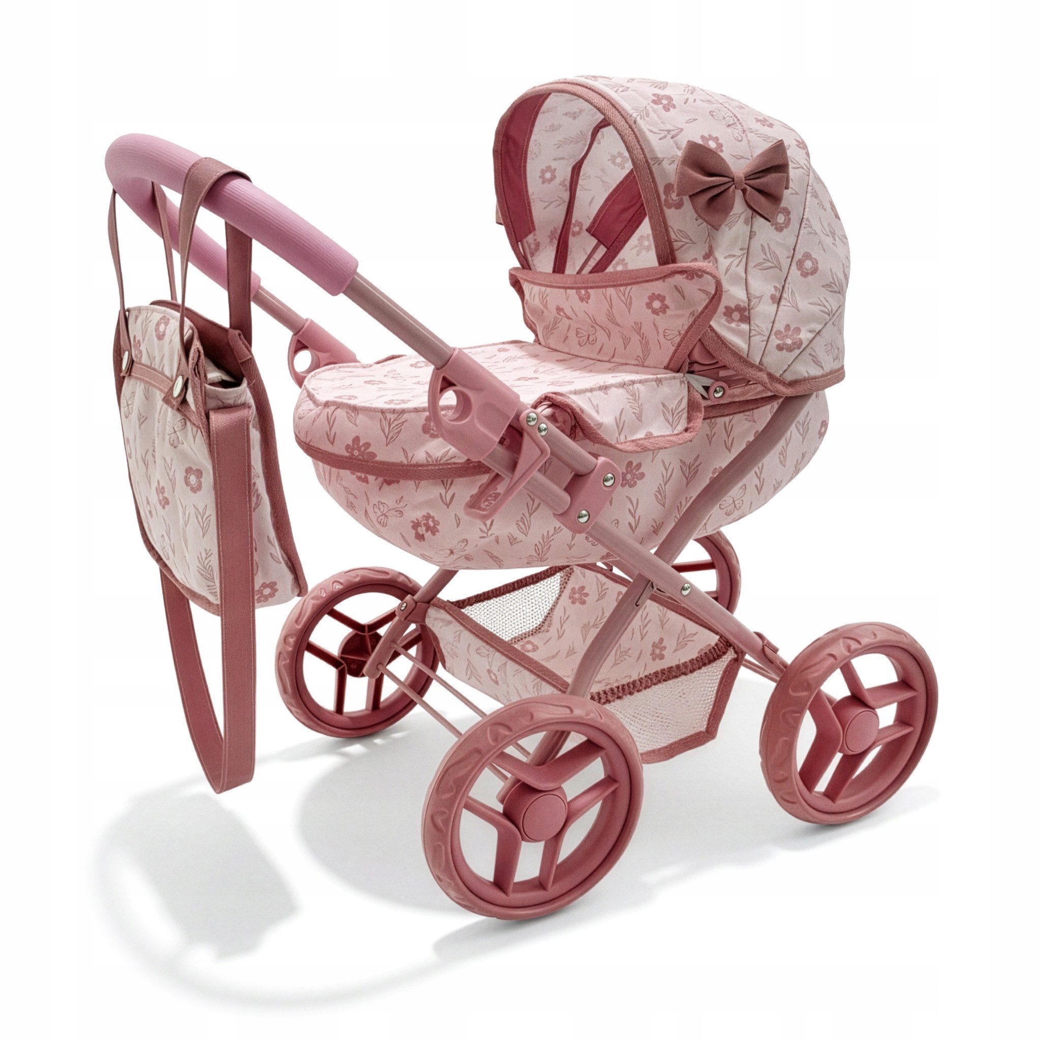 kinderplay Puppenwagen Puppenwagen rosa – mit Tasche und Korb – für Kinder – klappbar