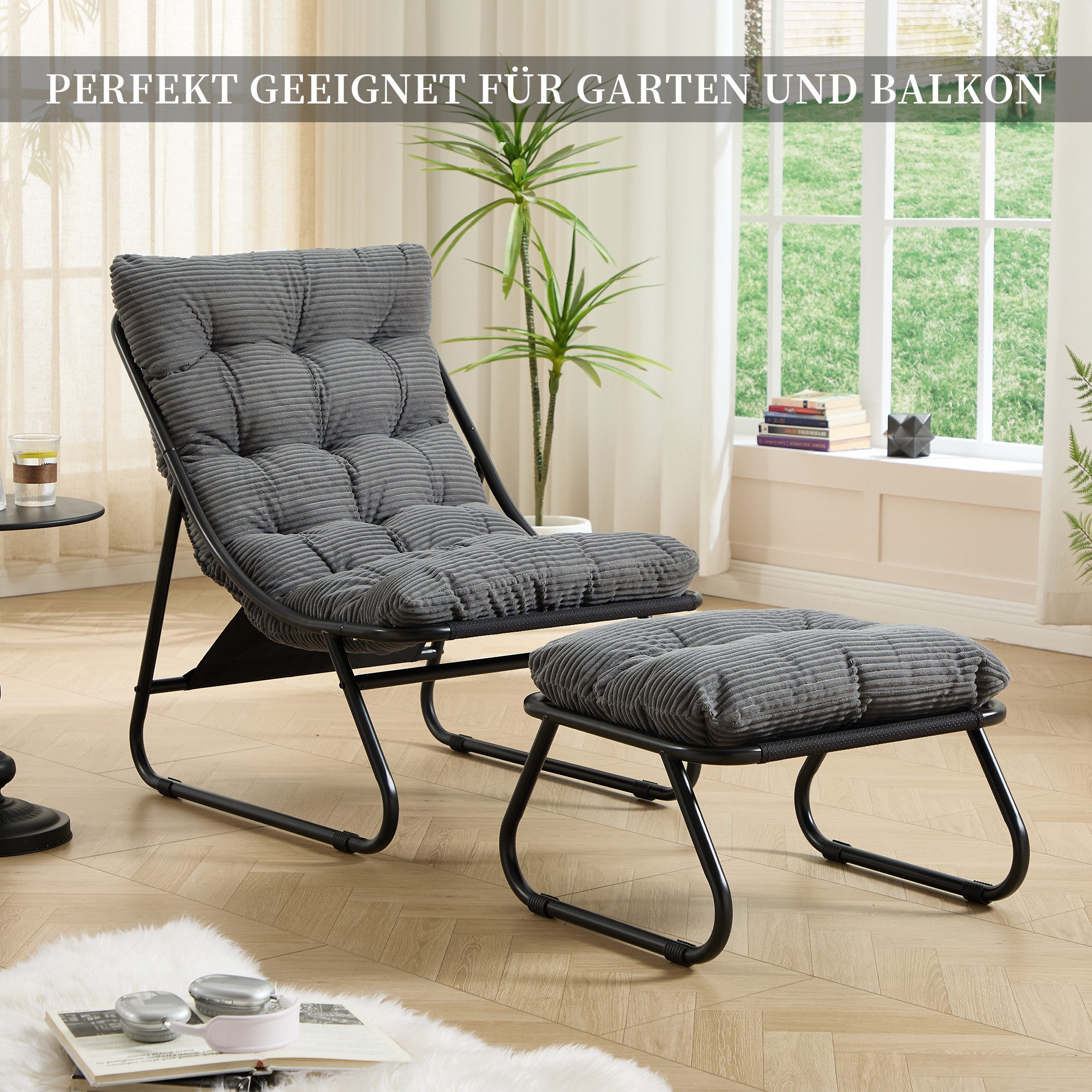 SeedWave Loungesessel mit Ottoman Liegestuhl Stahlgestell Gartenstuhl mit Trennbaren Pölster (bestehend aus Sessel und Hocker), Outdoor Terrassenstuhl für Garten usw. Außenbereich