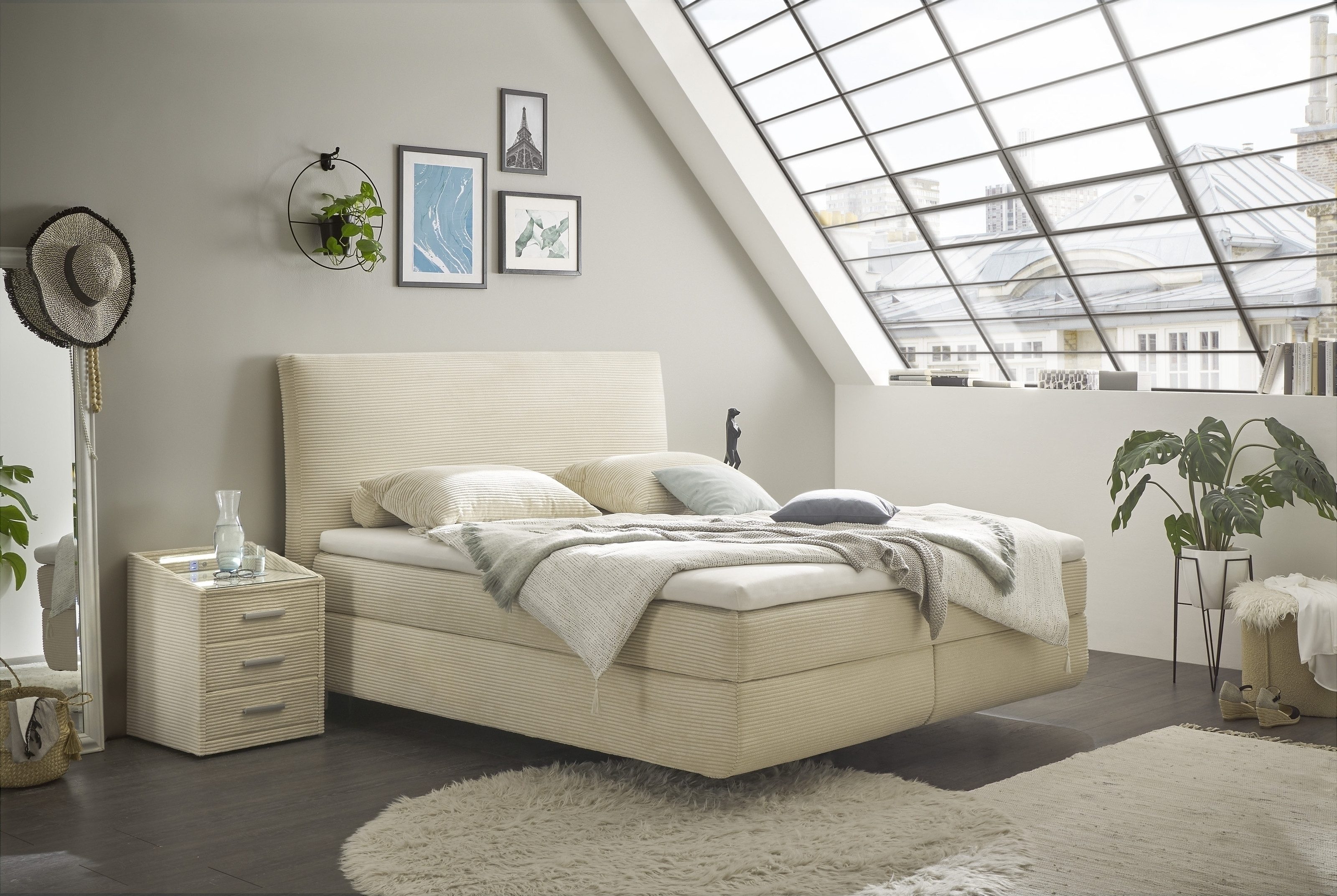 freiraum Boxspringbett MARBELLA, Topper, Cord creme/beige, Härtegrad 2/3, 180x200cm - 185x126x216 BxHxT