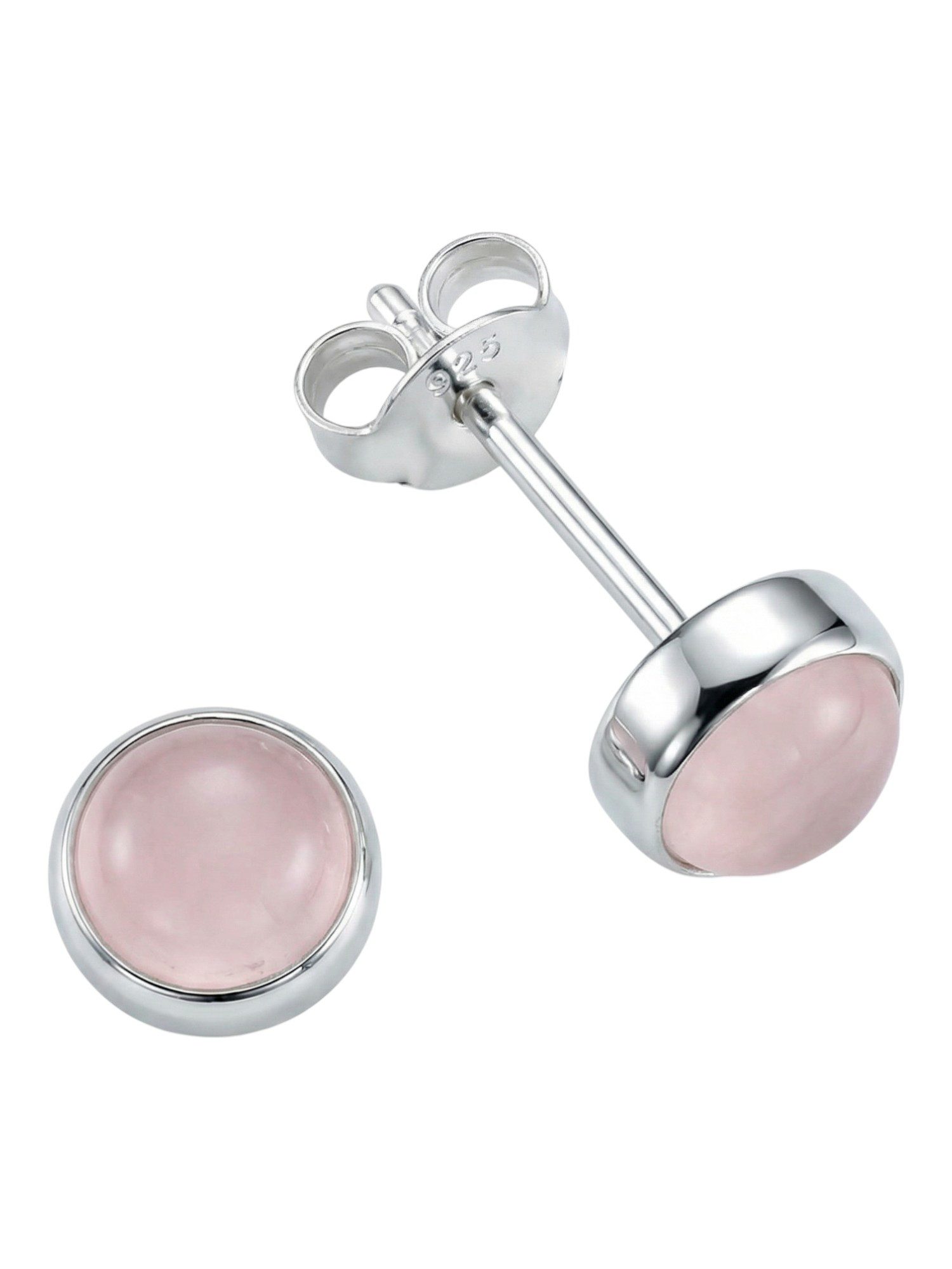 mantraroma Paar Ohrstecker SAMA rund klein aus 925 Silber mit Rosenquarz (Paar, Paar Ohrringe mit Schmuckbeutel), 925 Sterling Silber Ohrringe für Damen