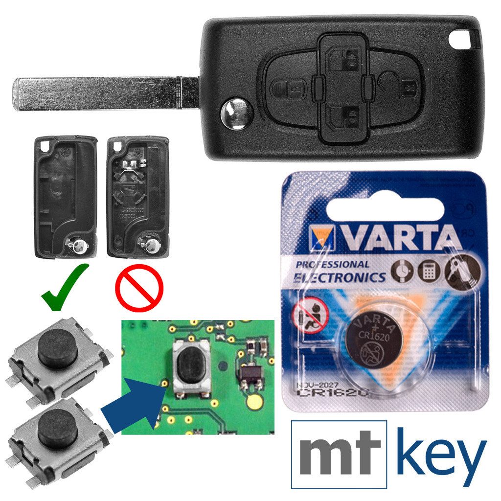 mt-key Klapp Schlüssel Tausch Gehäuse 4 Tasten + VA2 + Taster + VARTA CR1620 Knopfzelle, CR1620 (3 V), für Peugeot Citroen Funk Fernbedienung