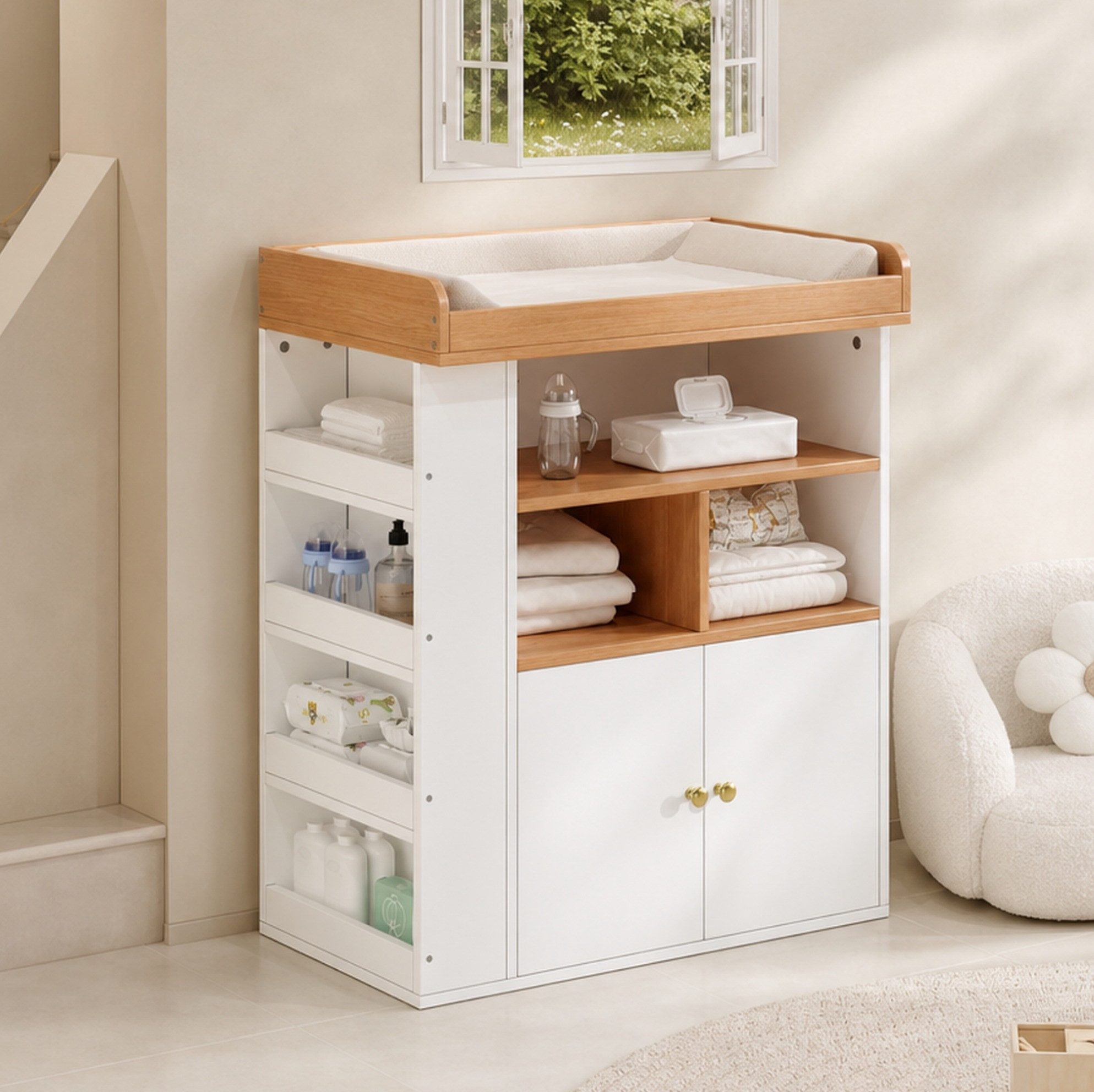 OKWISH Wickelkommode Baby-Wickeltisch mit Stauraum & abnehmbarem Geländer, Schubladen, offene Fächer, Weiß+Natur, 82×50×100 cm