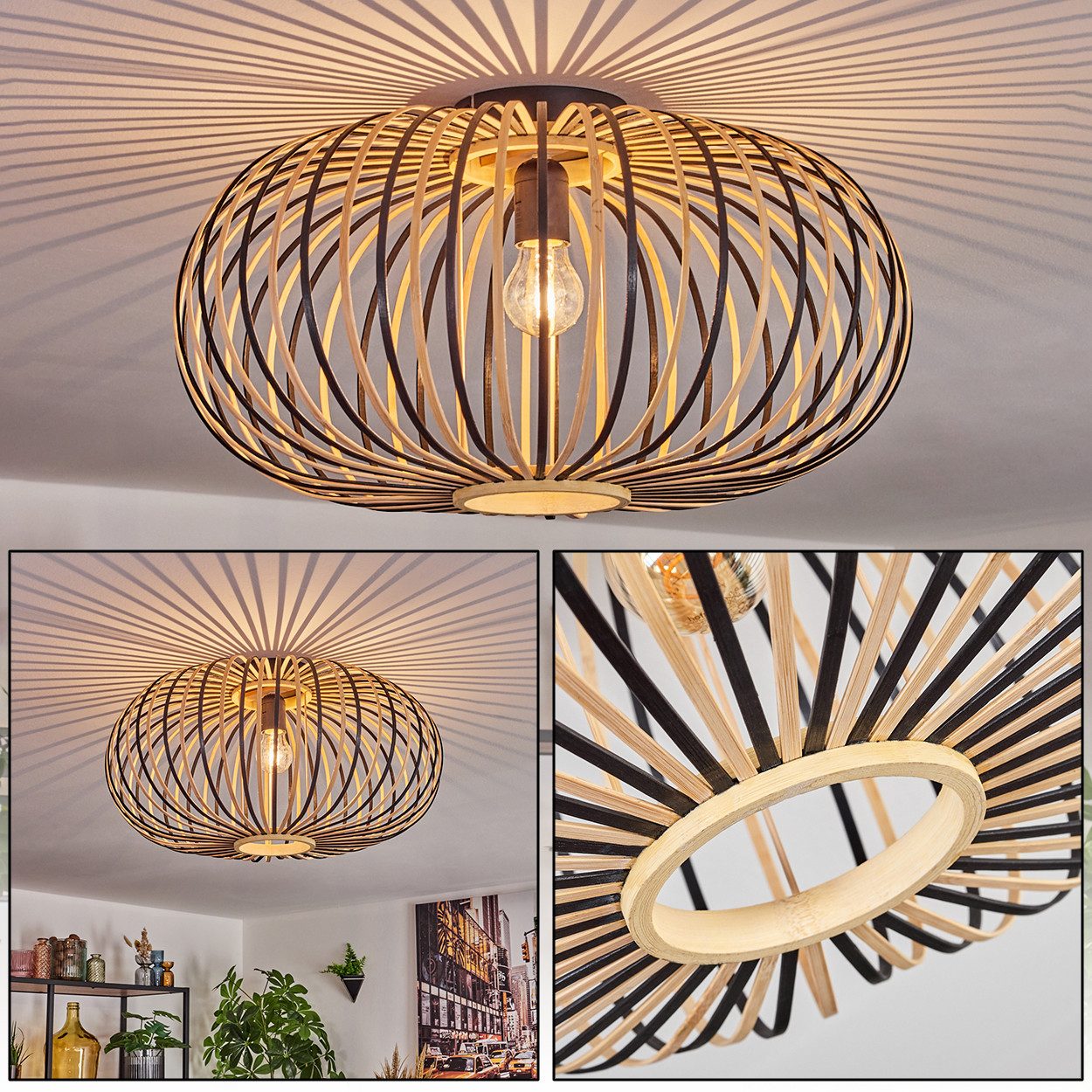 hofstein Deckenleuchte Deckenlampe aus Metall/Bambus in Schwarz/Natur, Leuc günstig online kaufen