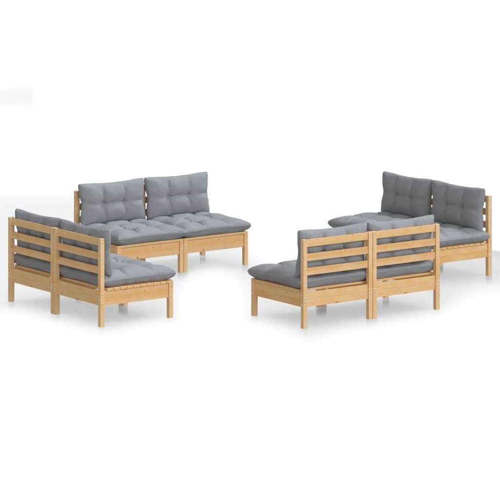 vidaXL Gartenlounge-Set 8-tlg. mit Garten-Lounge-Set und Grauen (1-tlg) Grau Kissen Kiefernholz, Braun