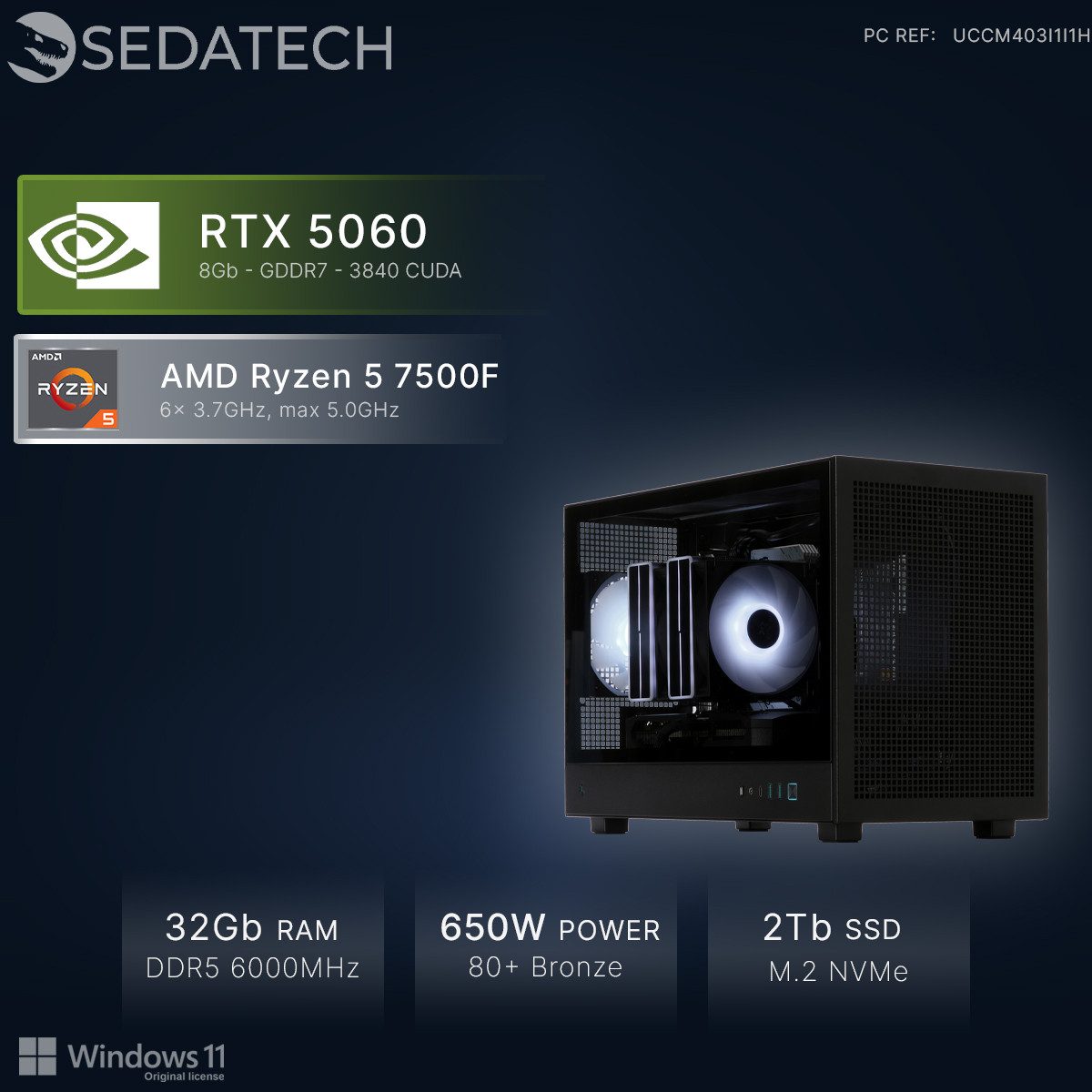Sedatech UCCM403I1I1HF - Gaming Gaming-PC (AMD Ryzen 5 7500F 6x 3.7GHz (max 5.0GHz), Geforce RTX5060 8GB, 32 GB RAM, 2000 GB SSD, Wlan 6E)