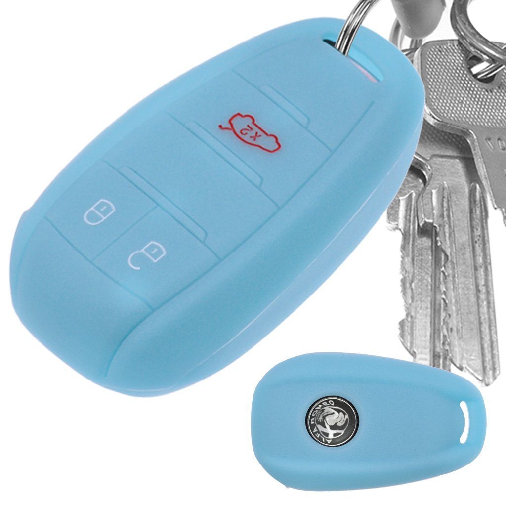 mt-key Schlüsseltasche Autoschlüssel Softcase Silikon Schutzhülle fluoreszierend Blau, für ALFA Romeo Giulia Stelvio Giulietta 3 Tasten KEYLESS SMARTKEY