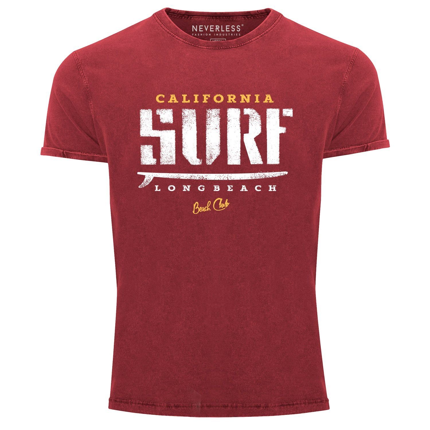 Neverless® Shirt Vintage Print T-Shirt Angesagtes Print-Shirt California Look rot mit Slim Herren Used Aufdruck Neverless Fit Surf Cooles