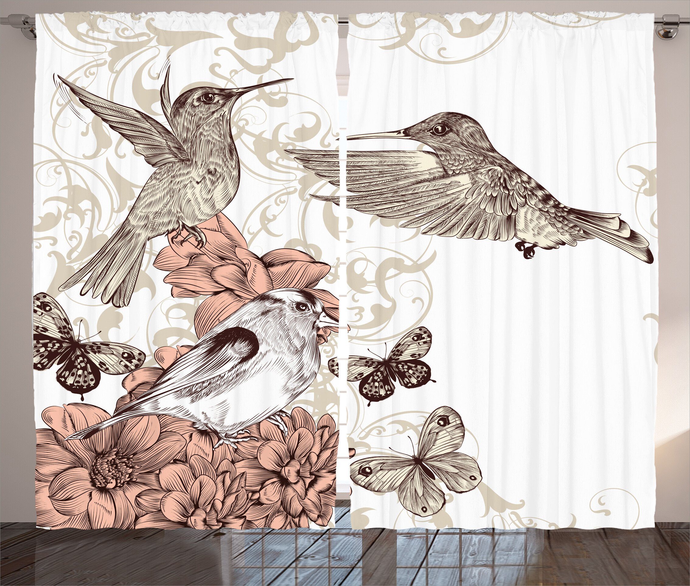Gardine Schlafzimmer Kräuselband Vorhang mit Schlaufen und Haken, Abakuhaus, Jahrgang Vögel Schmetterlinge Kunst