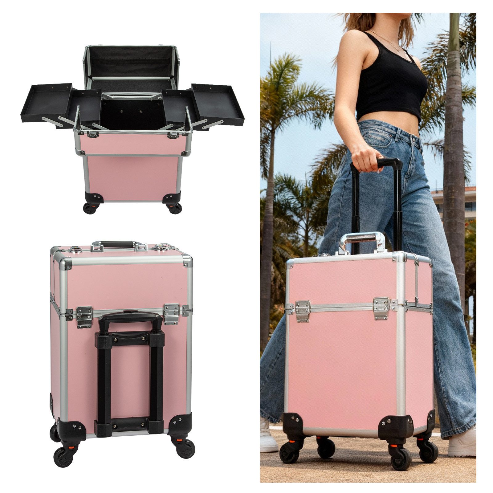 Youyijia Kosmetikkoffer Kosmetikkoffer im Trolley-Stil aus Aluminiumlegierung Koffer für Haar – Bild 3 von 5