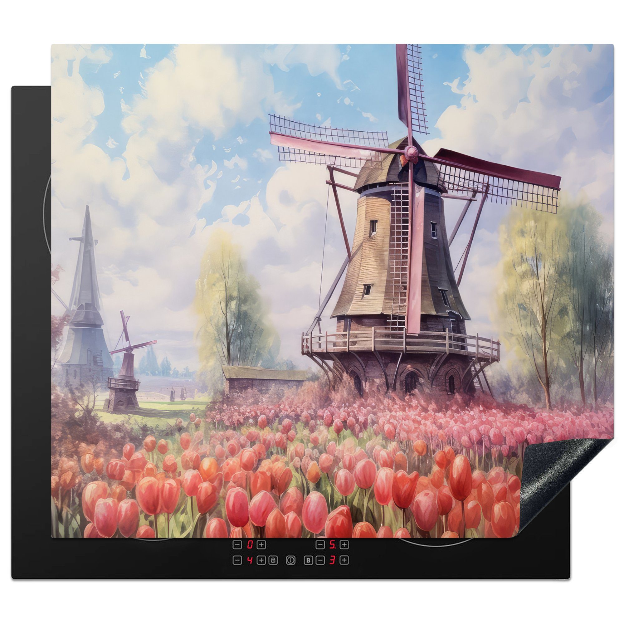 MuchoWow Herdblende-/Abdeckplatte Vinyl, Landschaft nutzbar, Arbeitsfläche cm, 60x52 - Mühle (1 Blumen - Mobile - tlg), Niederländisch, Ceranfeldabdeckung - Tulpen