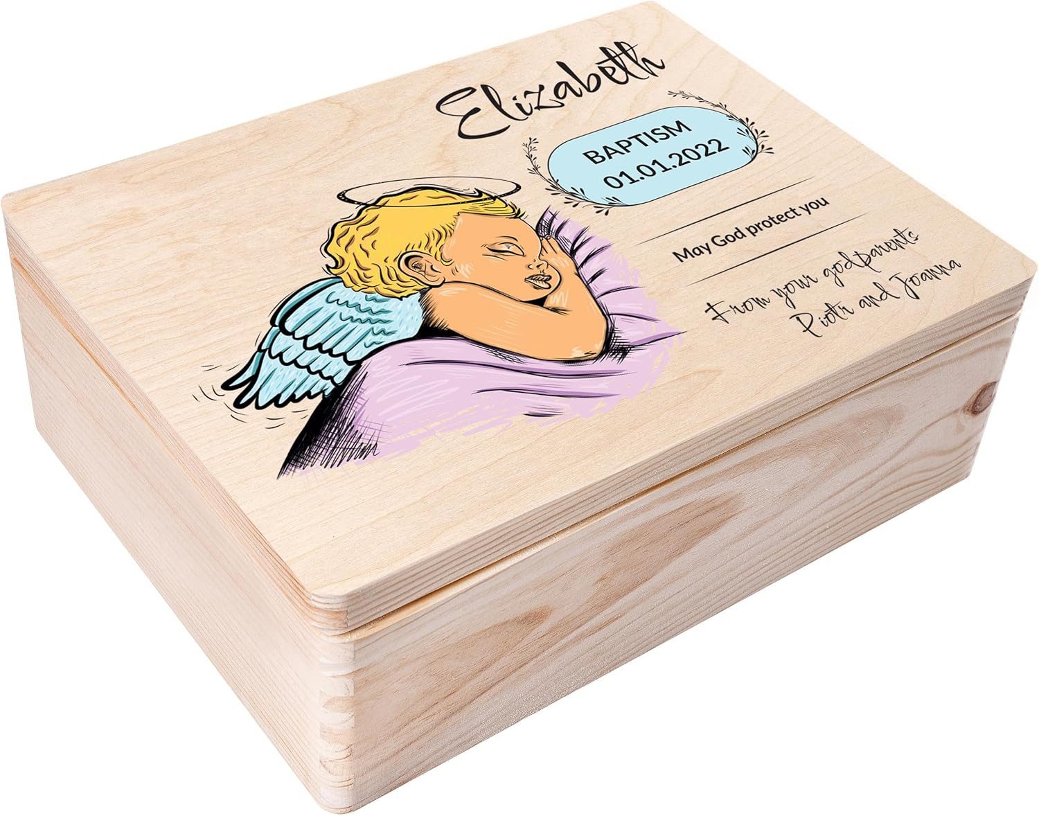 Creative Deco Holzkiste Taufe Geschenk für Mädchen Junge, Natur 40 x 30 x 14 cm