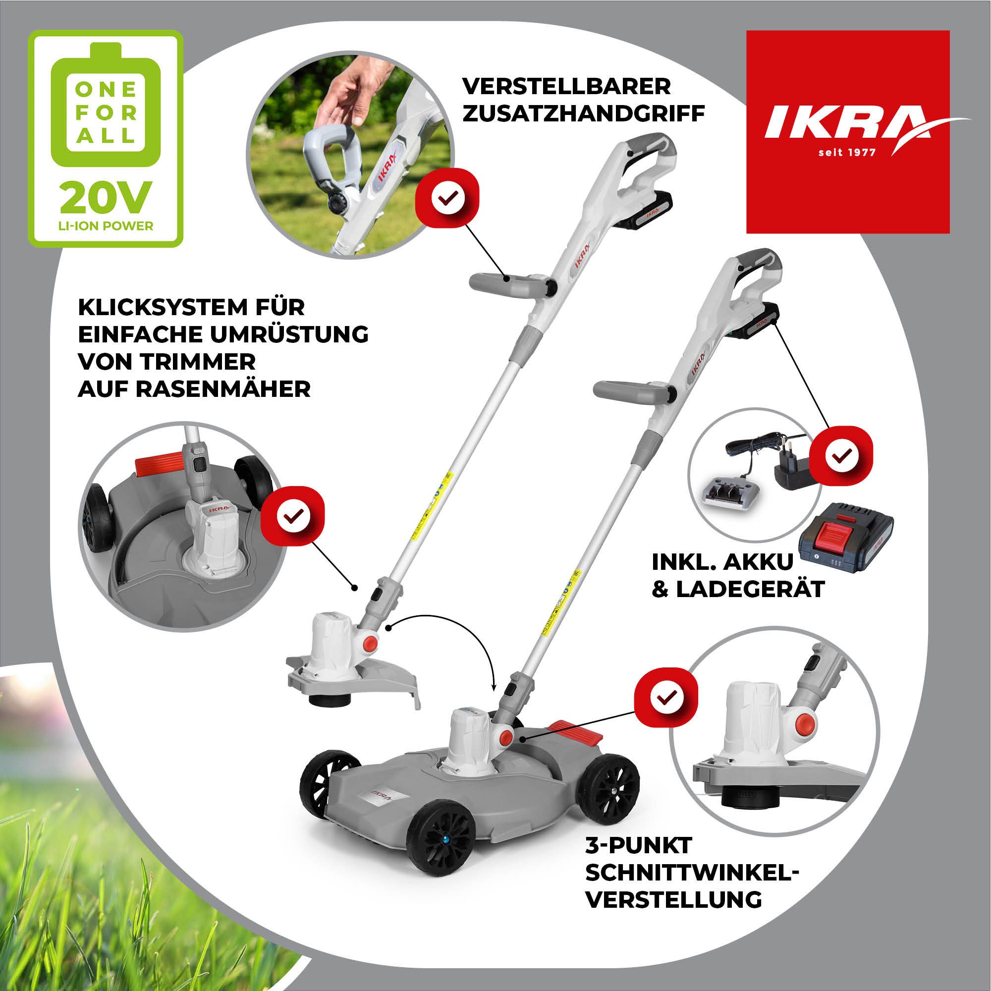 ikra GmbH Akku-Rasentrimmer IART 2030, 30 cm Arbeitsbreite Faden, (mit Akku & Ladergerät), 20 Volt-Akku - 2in1-System