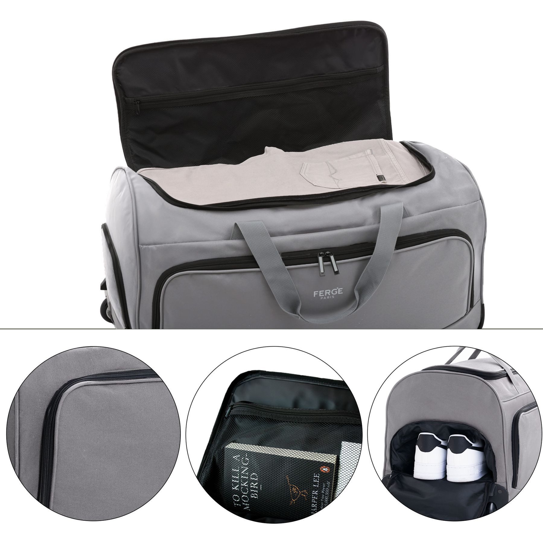 FERGÉ Reisetasche wasserabweisend Reisetasche mit Rollen groß Paris, Reisetasche mit Rollen und extra Schuhfach, Reisegepäck grau