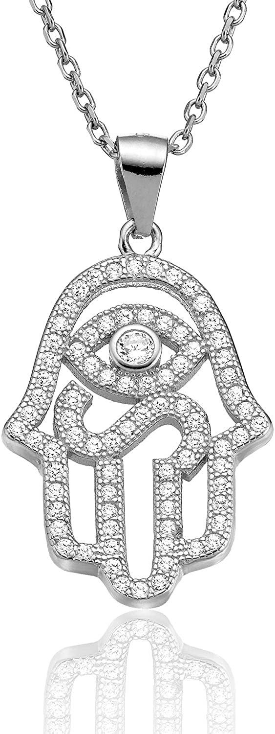 Karisma Kette mit Anhänger Karisma Damen Silber 925 Anhänger Fatima Hand Hamsa Nazar Auge, Collier Kette Verlängerung 5cm - Silber Rhodiniert