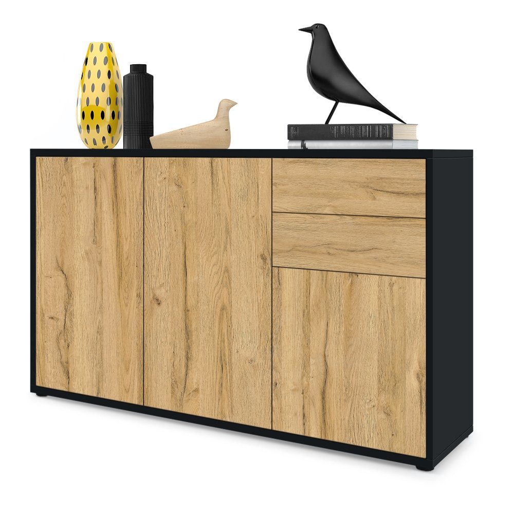 Vladon Kommode Ben V3 (Kommode, mit 3 Türen und 2 Schubladen), Schwarz matt/Eiche Natur (117 x 74 x 36 cm)
