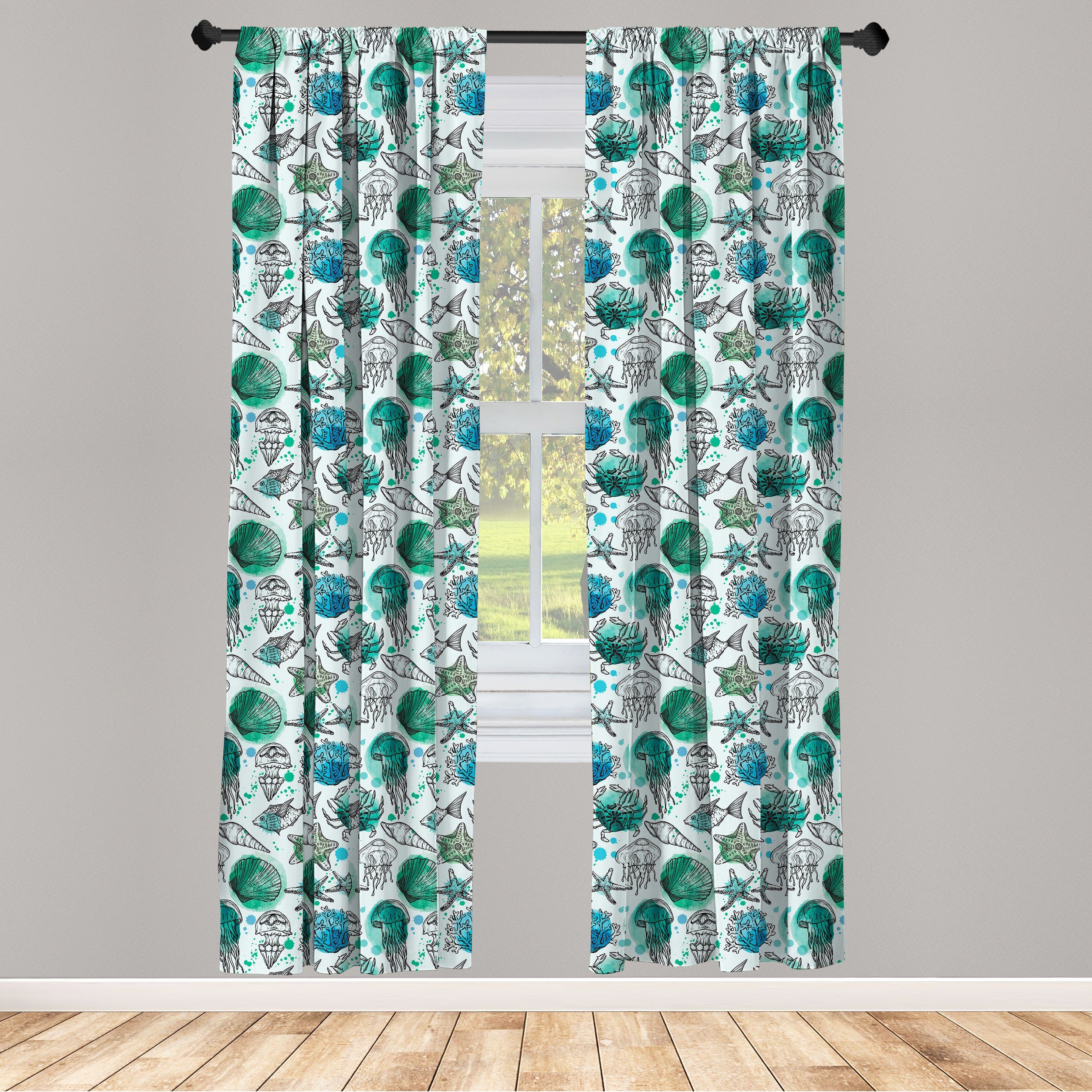 Gardine Vorhang für Wohnzimmer Schlafzimmer Dekor, Abakuhaus, Microfaser, Aquarell Algen Unterwasser-Fauna | Fertiggardinen
