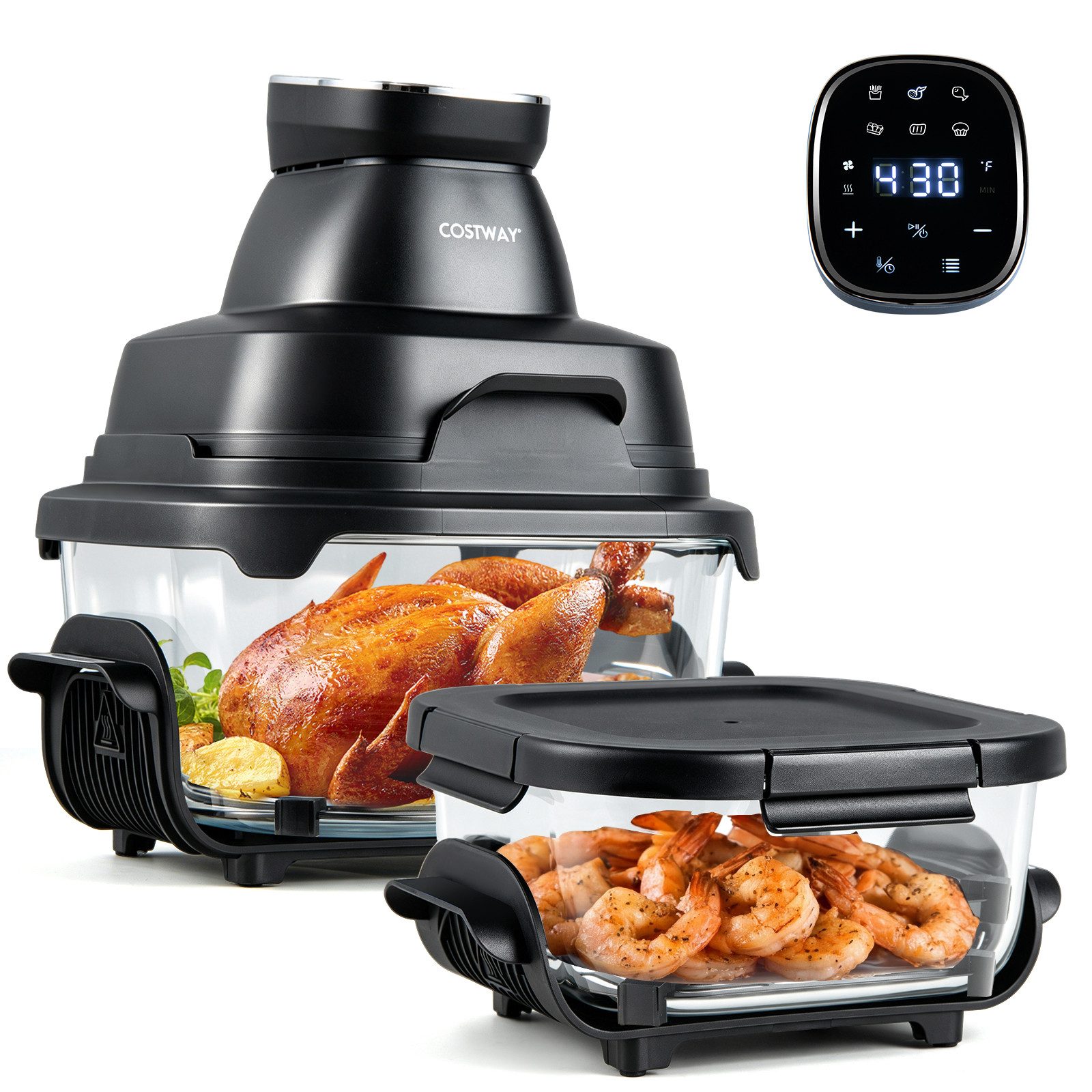 COSTWAY Heißluftfritteuse, 1500 W, Airfryer mit 4 L/1,7 L Glasbehälter, Deckel