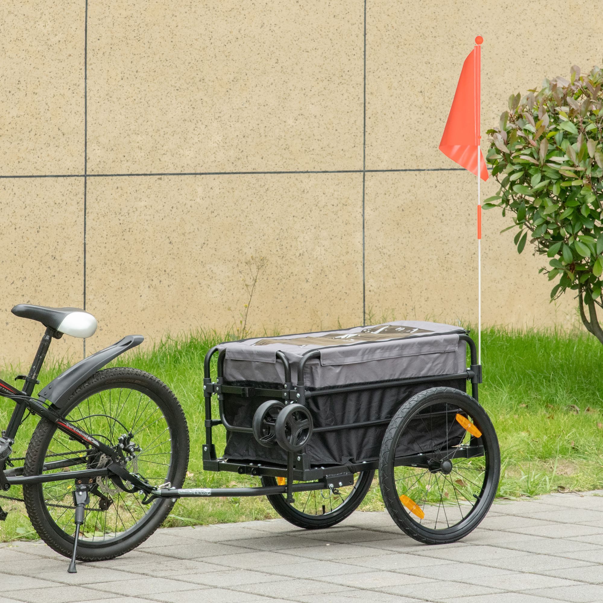 HOMCOM Fahrradlastenanhänger Lastenanhänger mit Kupplung Bremse, Handwagen, 130x64x64/103cm, Schwarz+Grau 130 x 64 x 64,103 cm