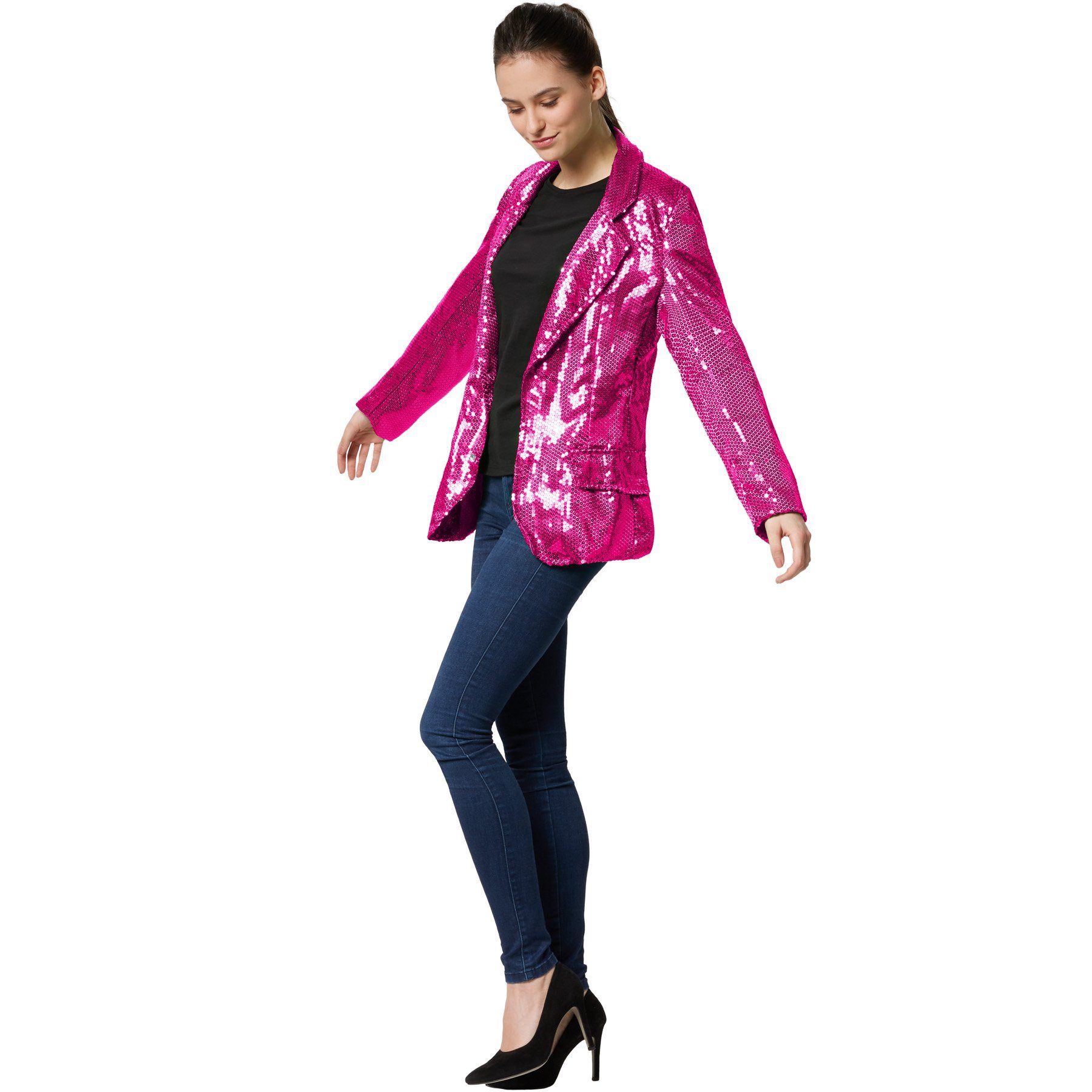 dressforfun Blouson Kurzjacke, Für viele Outfits und Anlässe, Ziertaschen an den Seiten (Bundjacke, Konfektionsgröße S in pink) Damen-Jackett mit glitzernden Pailletten, Kragen & Knopf zum Schließen