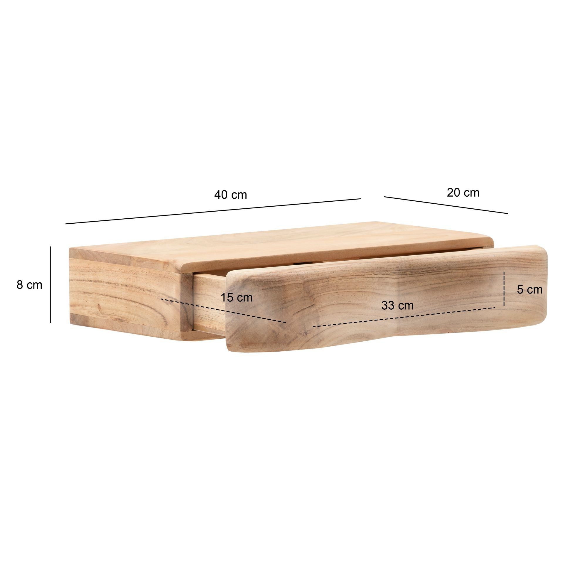 FINEBUY Wandregal FB74733 Schweberegal Akazie Massivholz 40cm Regal Wandboard Schublade, Massivholz Wandregal mit Schubladen, Praktische Ablage für moderne Wohnräume