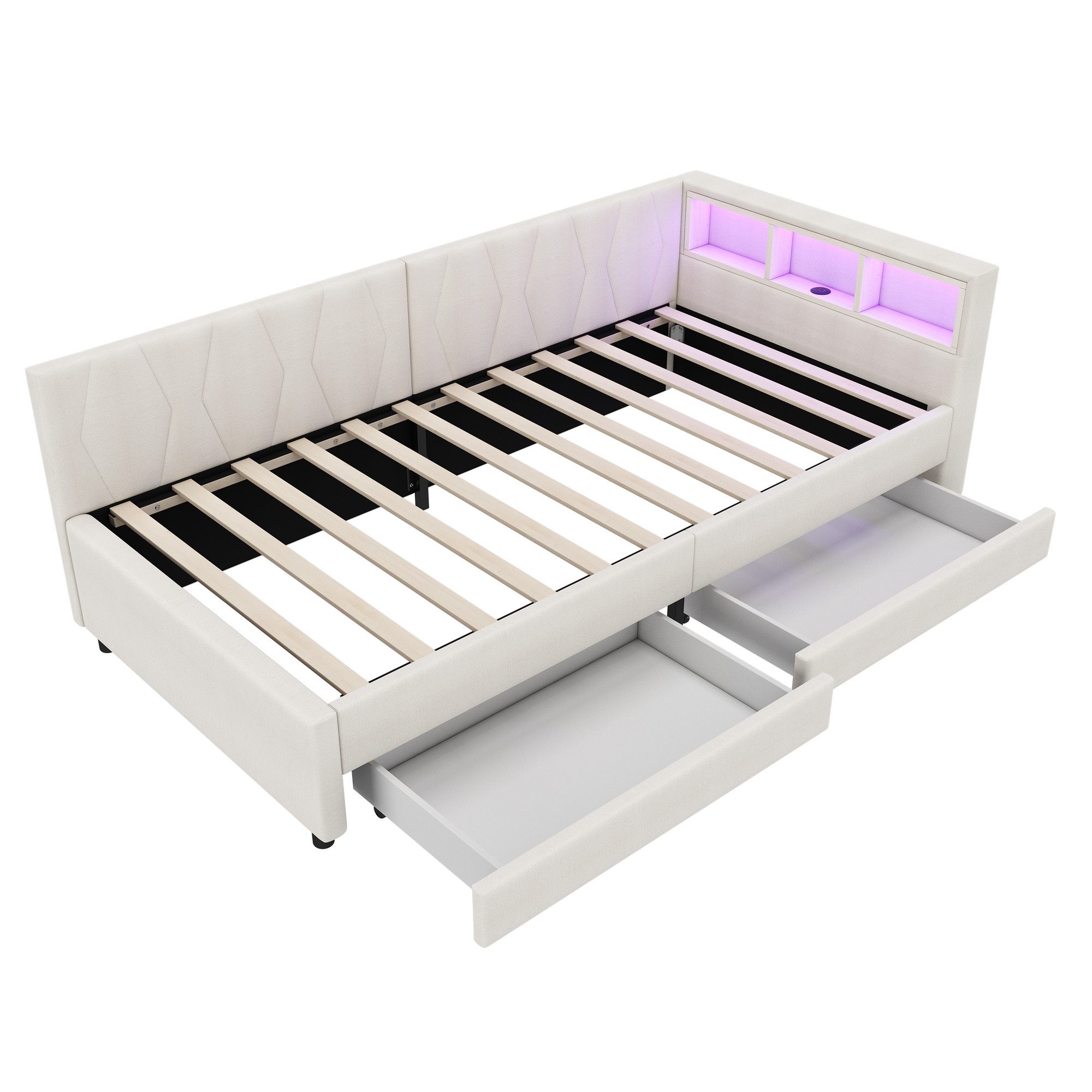 SOFTWEARY Stauraumbett Schlafsofa mit LED-Beleuchtung und Schubladen (90x200cm, mit Lattenrost und USB/Typ-C Anschlüssen), Polsterbett, Einzelbett, Leinen