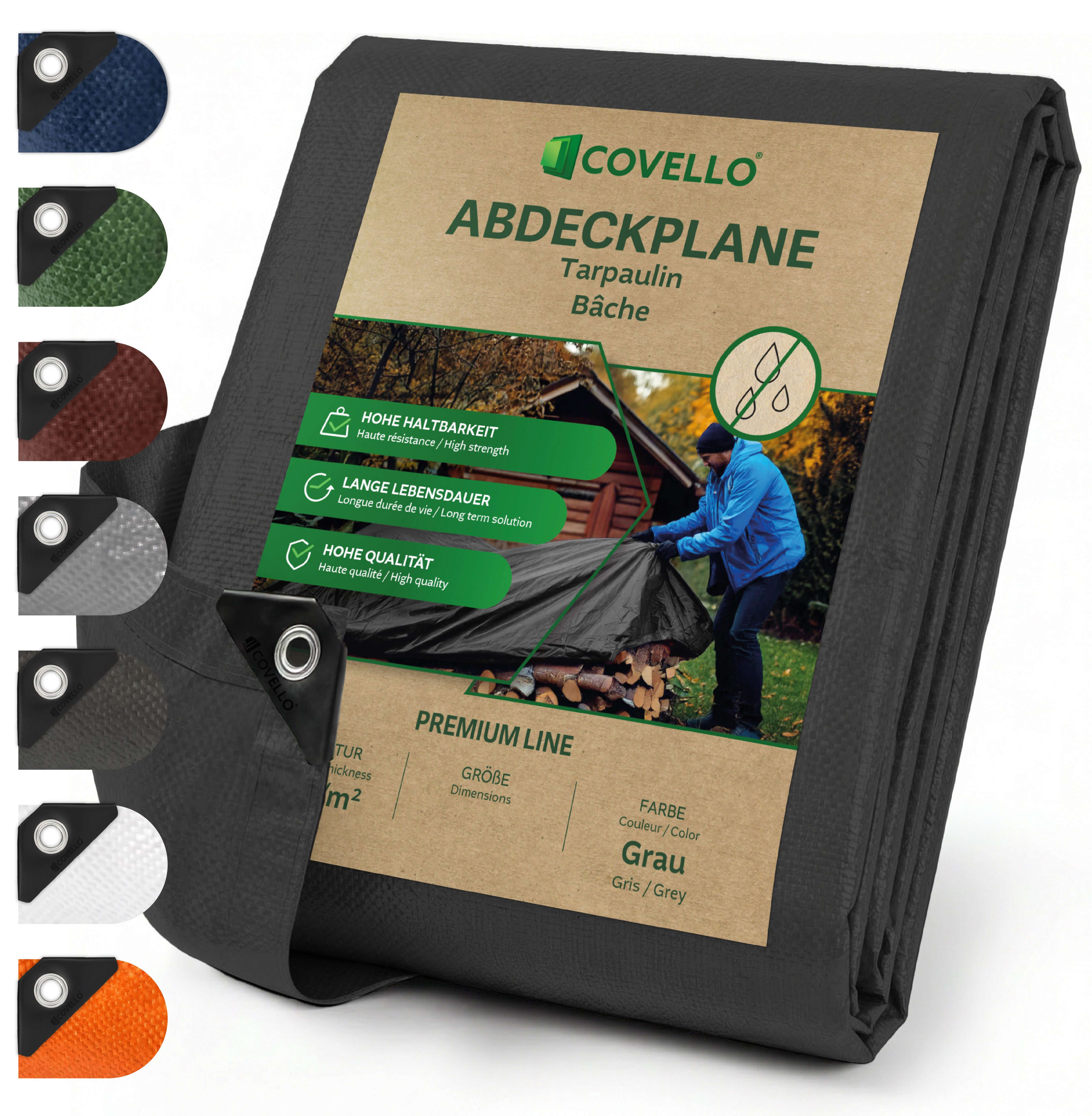 Covello Schutzplane 140g/m² grau, Abdeckplane mit Ösen wasserdicht, Plane UV-stabilisiert in vielen verschiedenen Farben & Größen