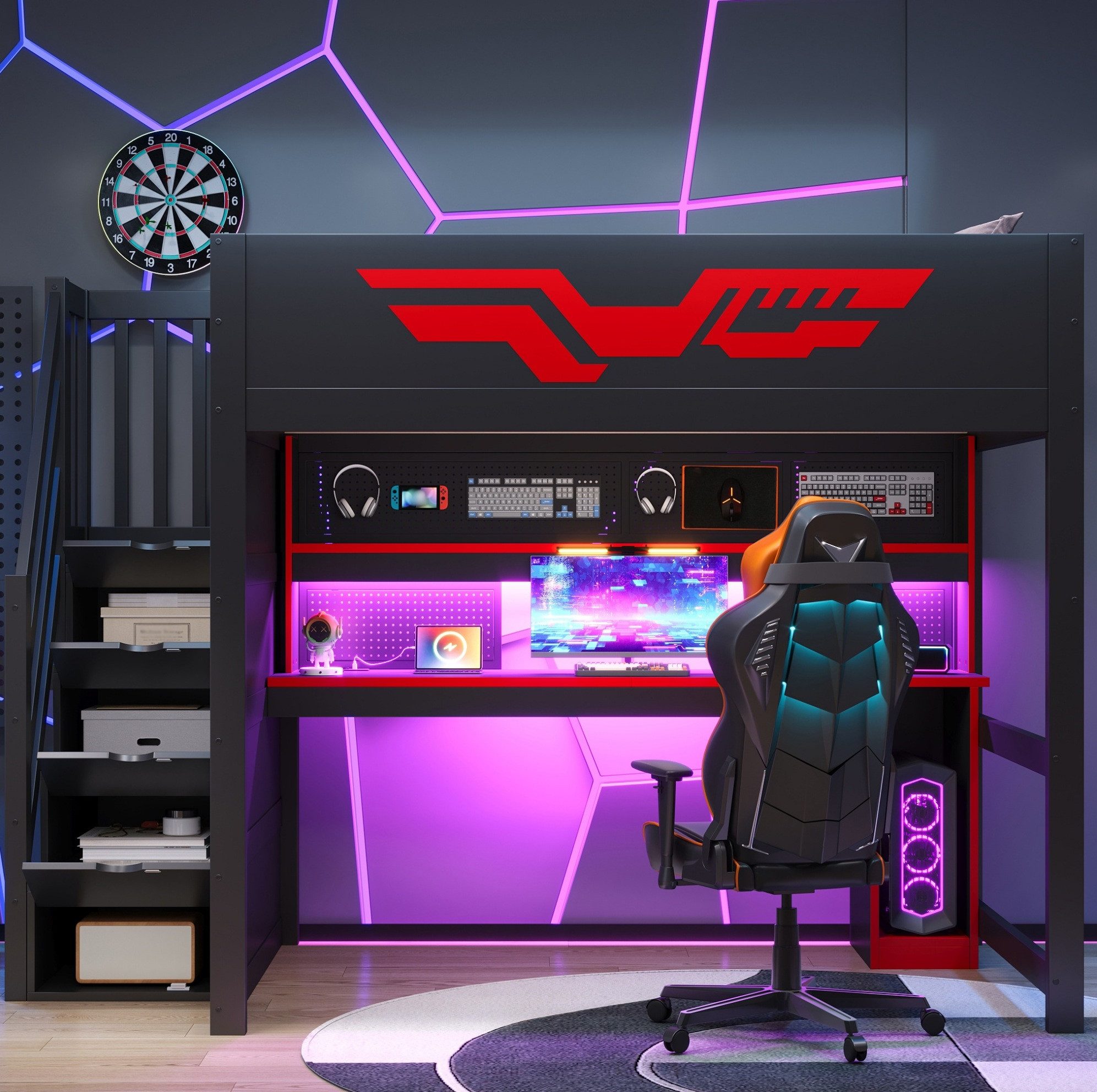 OKWISH Hochbett 140x200 cm Gaming Etagenbett Schwarz mit Schreibtisch Design (Packung, 1-St., Bettgestell ohne Matratze mit Stauraum für Kinderzimmer) Jugendbett mit LED Beleuchtung USB Anschluss und Treppenfächern