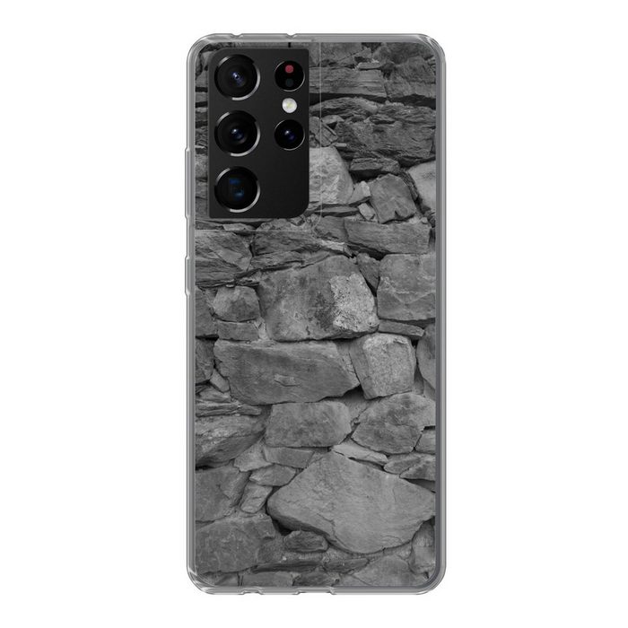 MuchoWow Handyhülle Wand - Stein - Muster - Schwarz - Weiß Phone Case Handyhülle Samsung Galaxy S21 Ultra Silikon Schutzhülle