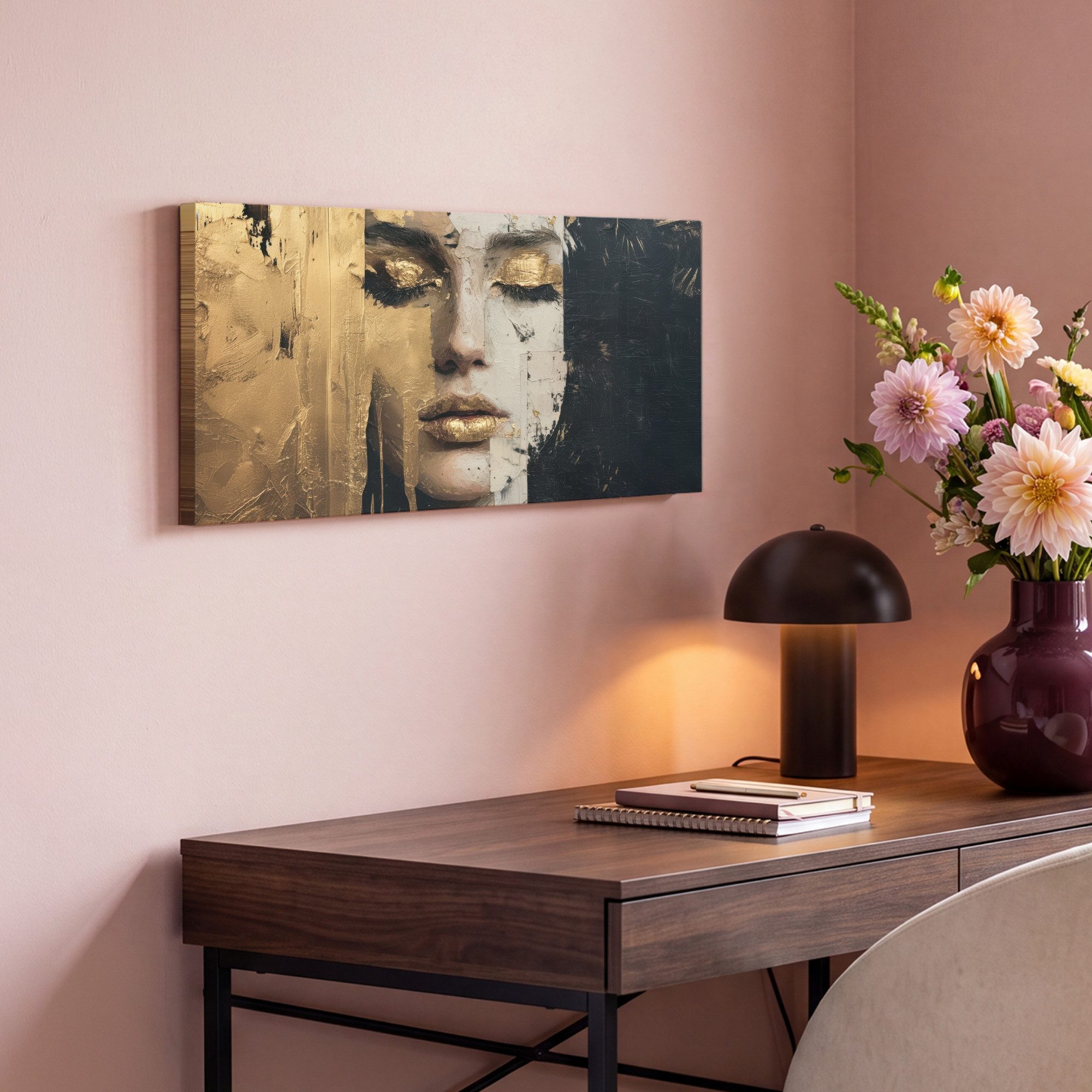 OneMillionCanvasses® Leinwandbild Panorama Abstrakt - Gold - Gesicht - Lippen, Fotodruck (1 St), Wandbild, Deko Schlafzimmer Wohnzimmer Flur 40x20 cm – Bild 4 von 5