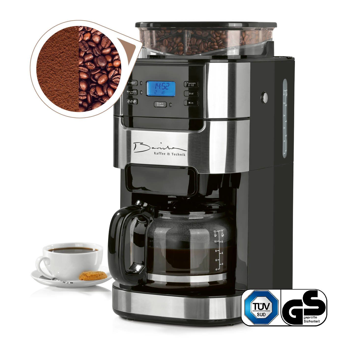 Barista Kaffeemaschine Kaffeekanne, 900W Mahlwerk Edelstahl/Schwarz 12 inkl. Pulver, Tassen Glaskanne mit für & 1.5l Bohnen