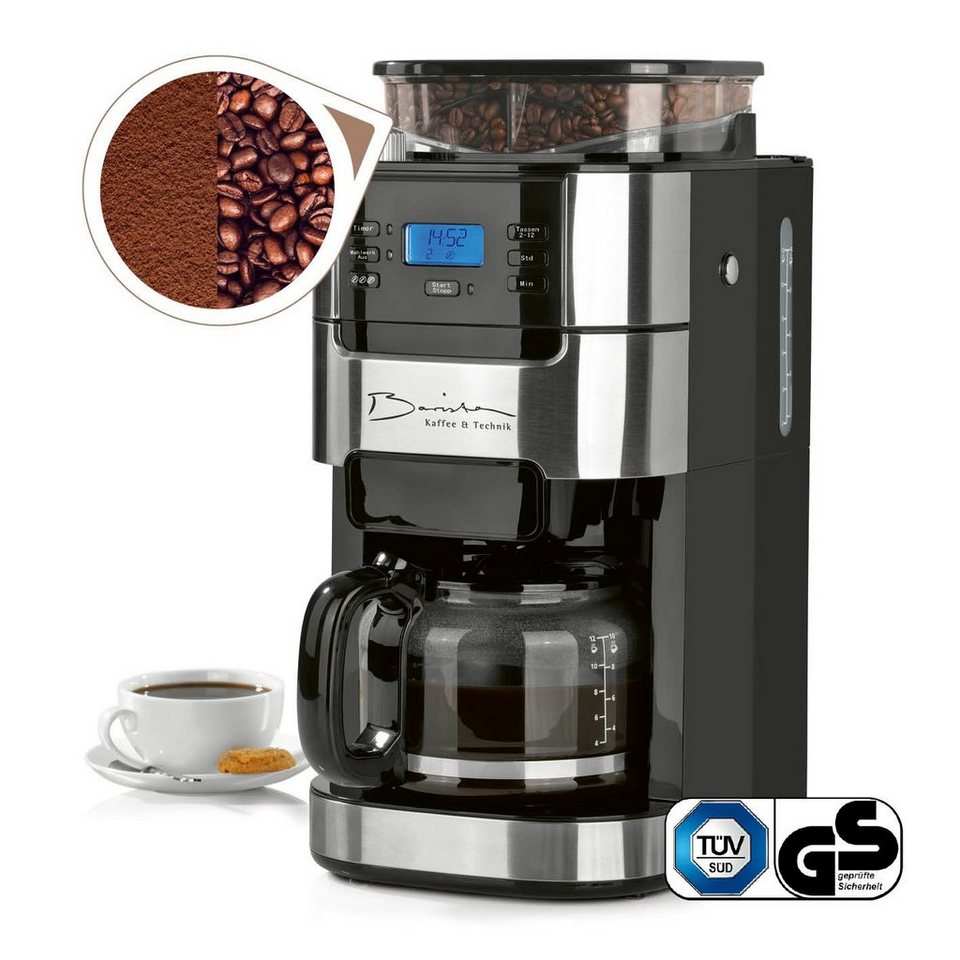 & Pulver, 12 Barista Bohnen Mahlwerk Kaffeemaschine Kaffeekanne, mit Edelstahl/Schwarz inkl. 1.5l Tassen Glaskanne für 900W