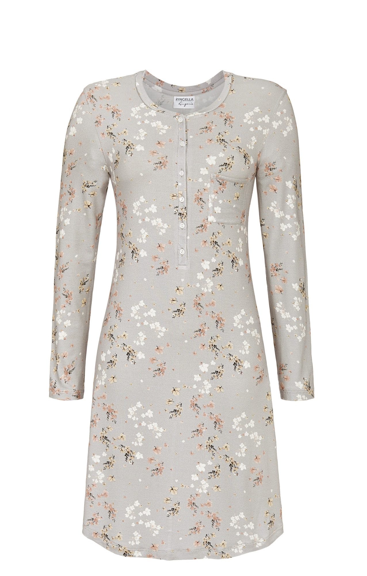 Ringella Nachthemd mit Floraldessin auf grauem Fond und Knopfleiste