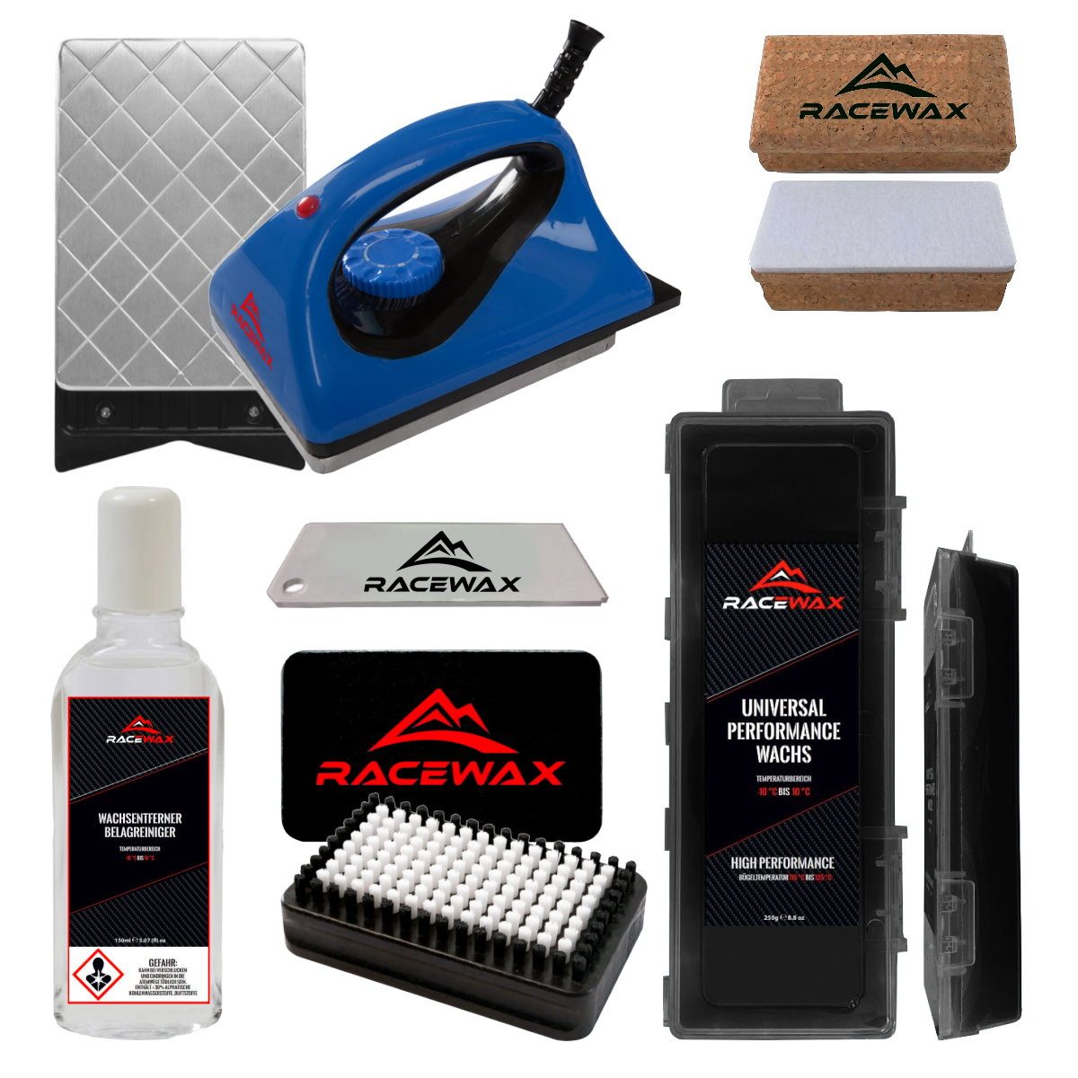RaceWax Ski RaceWax Skiwax Set 6-teilig Wachsbügeleisen Wachs BaseBrush Kork