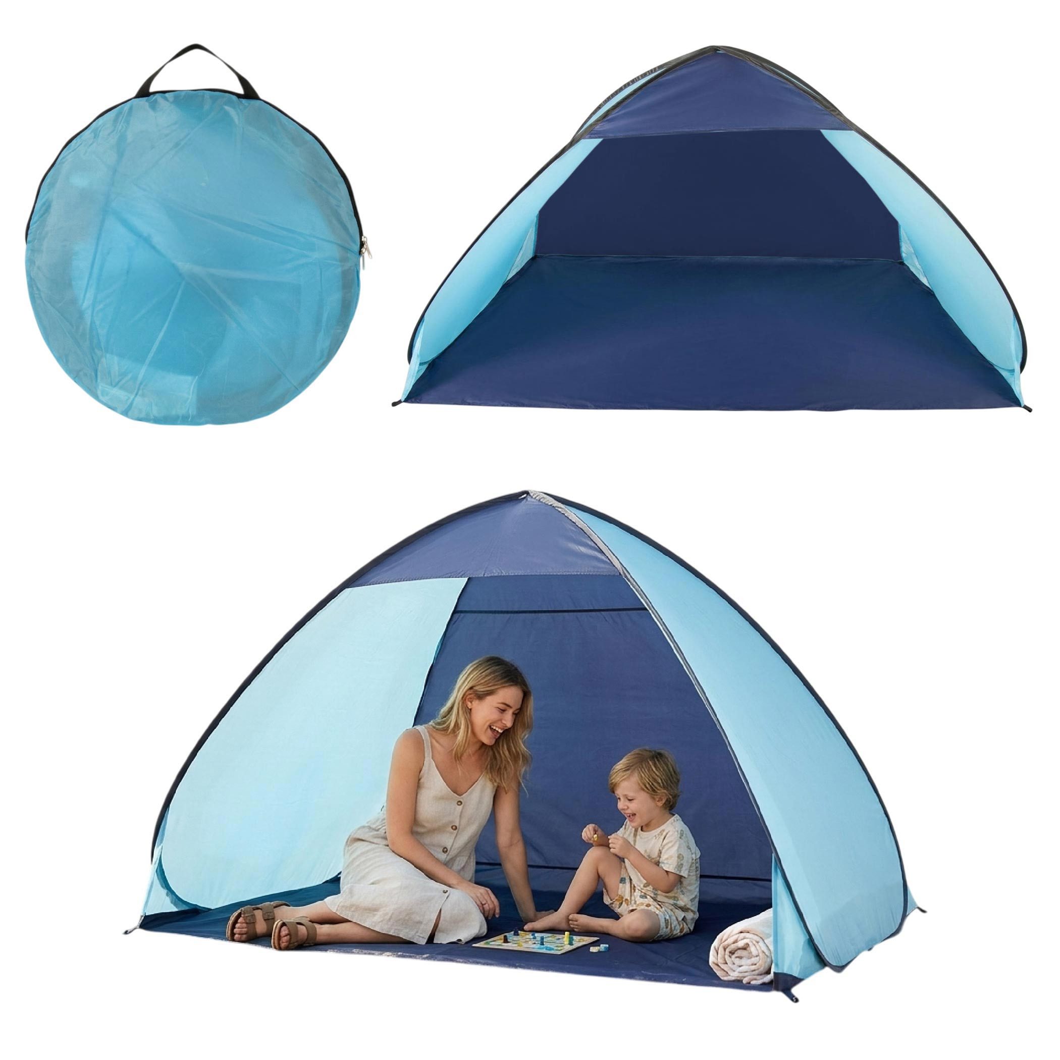 Spetebo Strandmuschel Pop Up Strandzelt blau mit Tragetasche und Heringen - 210 x 110 cm, (Packmaß von ca. Ø 50 x 4 cm, 1 tlg., Stück), UV 50+ Sonnenschutz
