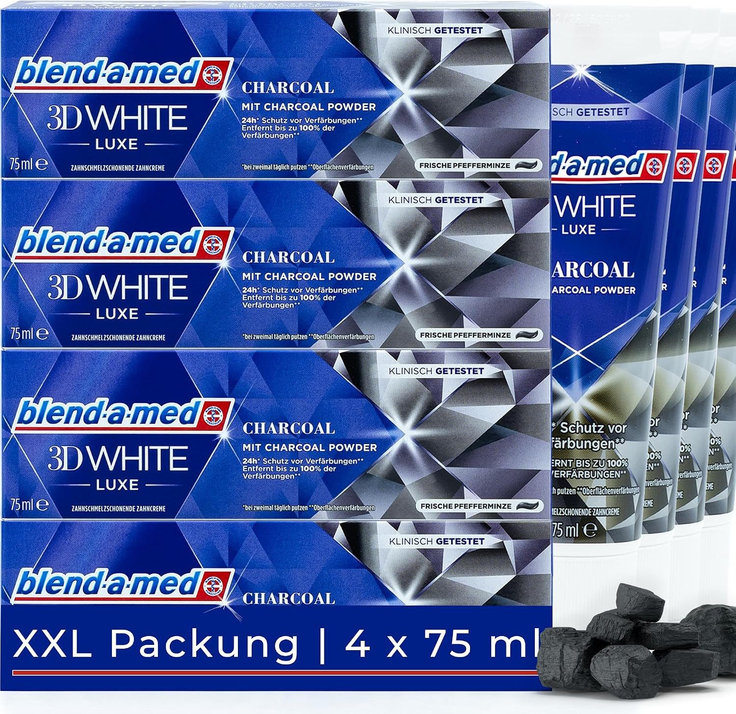 blend-a-med Zahnpasta 4x Blend-a-med 3D White Charcoal 75ml, Frische Pfefferminze, (4-St) mit Charcoal Powder