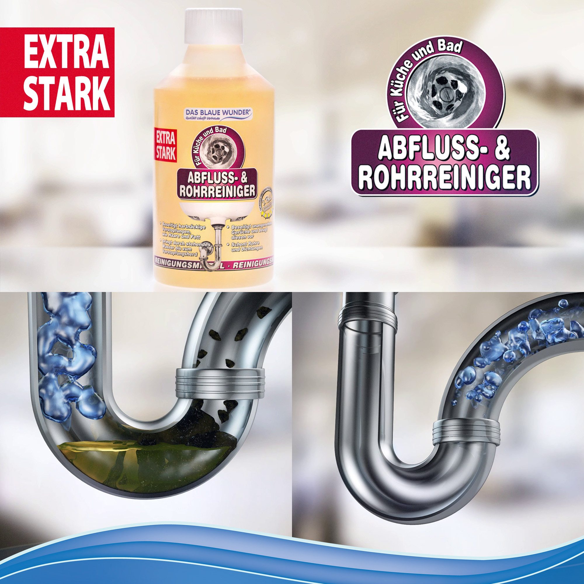 Das Blaue Wunder® Abfluss- & Rohrreiniger Extra starker Rohrreiniger (für Spülbecken, Toilette, Dusche / löst Speisereste, Öle, Haare & Fette, [- Rohrreiniger für Spülbecken, Waschbecken, Dusche, Siphon)