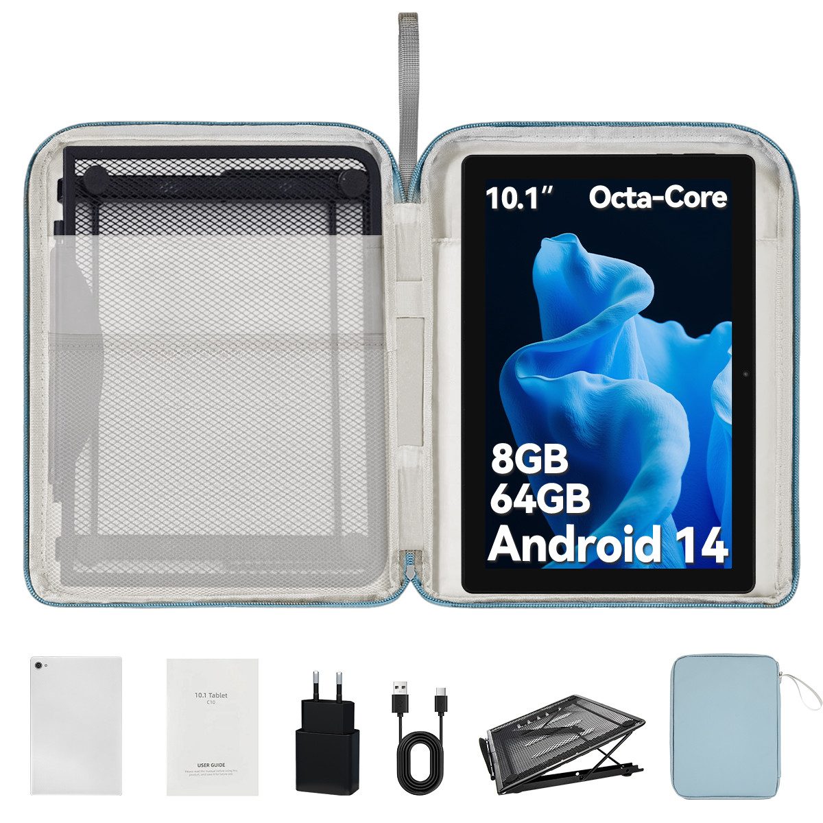 Happybe 10'' Android 14, 64GB, 1280x800 HD IPS, Dual-Kamera, Wifi 6, Tablet (10", 64 GB, Android 14, mit Tasche und Ständer, 5G WiFi, Octa Core)