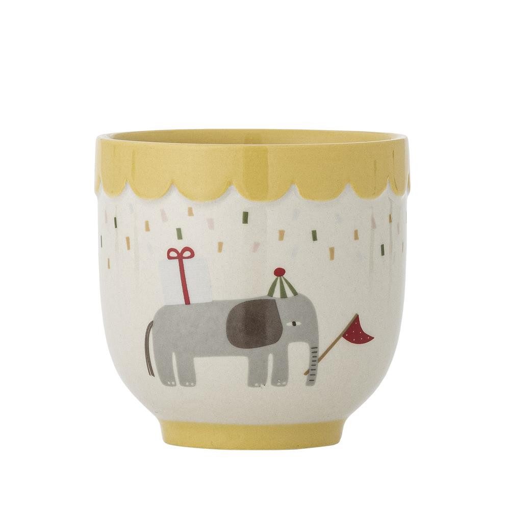 Bloomingville Tasse MINI Celebrate Gelb, Steingut, Kinderbecher, Steingut, Handbemalt, Verspielt, Unikat, Kindertasse, dänisches Design