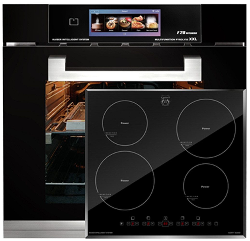 Kaiser Küchengeräte Backofen-Set Herd Set Autark Multifunktions-Elektro-Backofen mit Pyrolyse und Dampfreinigung, TFT Display, 60cm, 86L mit Induktionskochfeld 60 cm, Autark,Facettenschliff, Kochfeld 4xQickHeat Kochzonen EH 6344 N+KCT 6105 FI, mit 1-fach-Teleskopauszug, Pyrolyse, Hydrolyse – pyrolytische und Dampfreinigung
