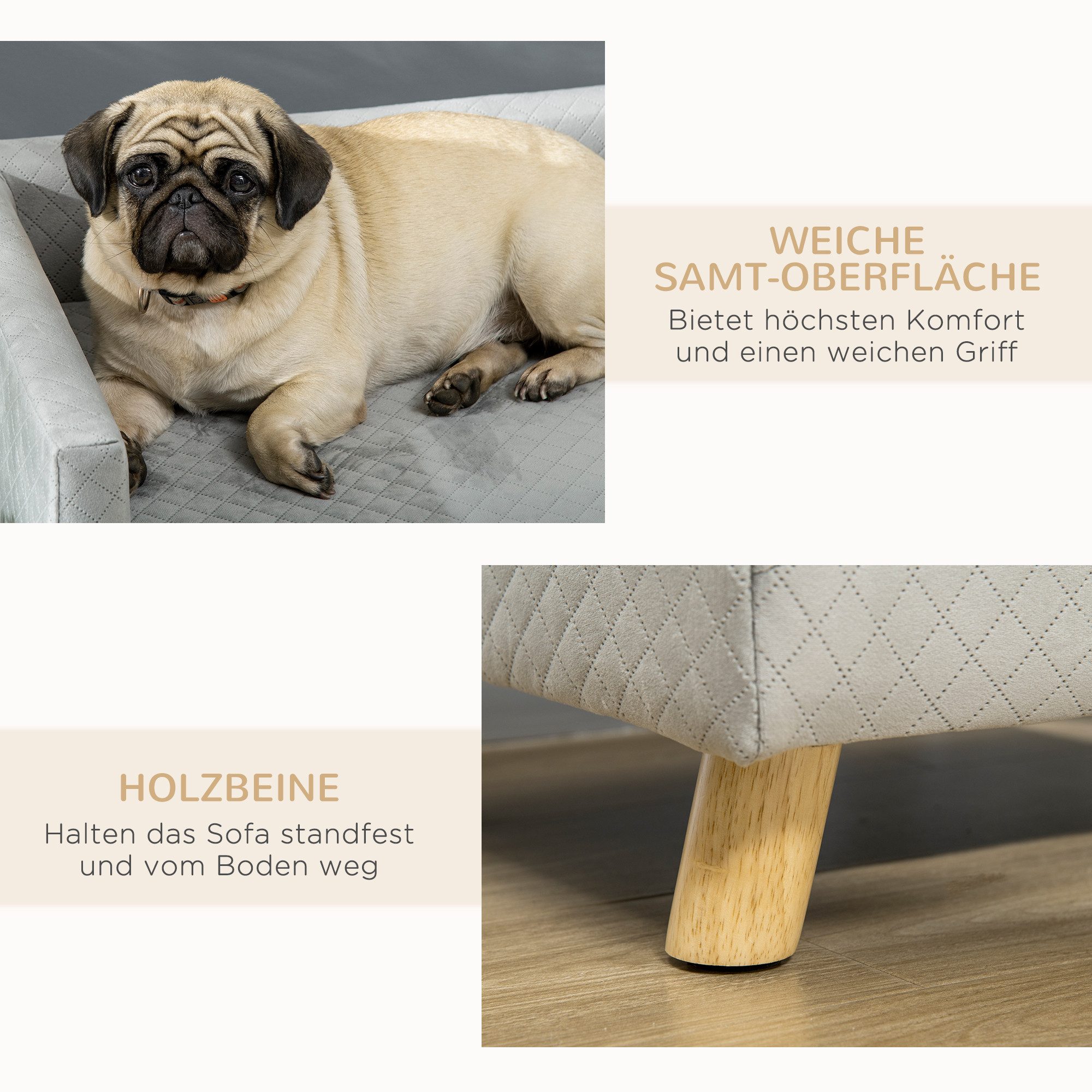 PawHut Tierbett Hundesofa Hundebett Hundecouch mit Rückenlehne, Holzbeine, Kissen, samtartiges Polyester, Grau 64 x 45 x 36 cm – Bild 5 von 5