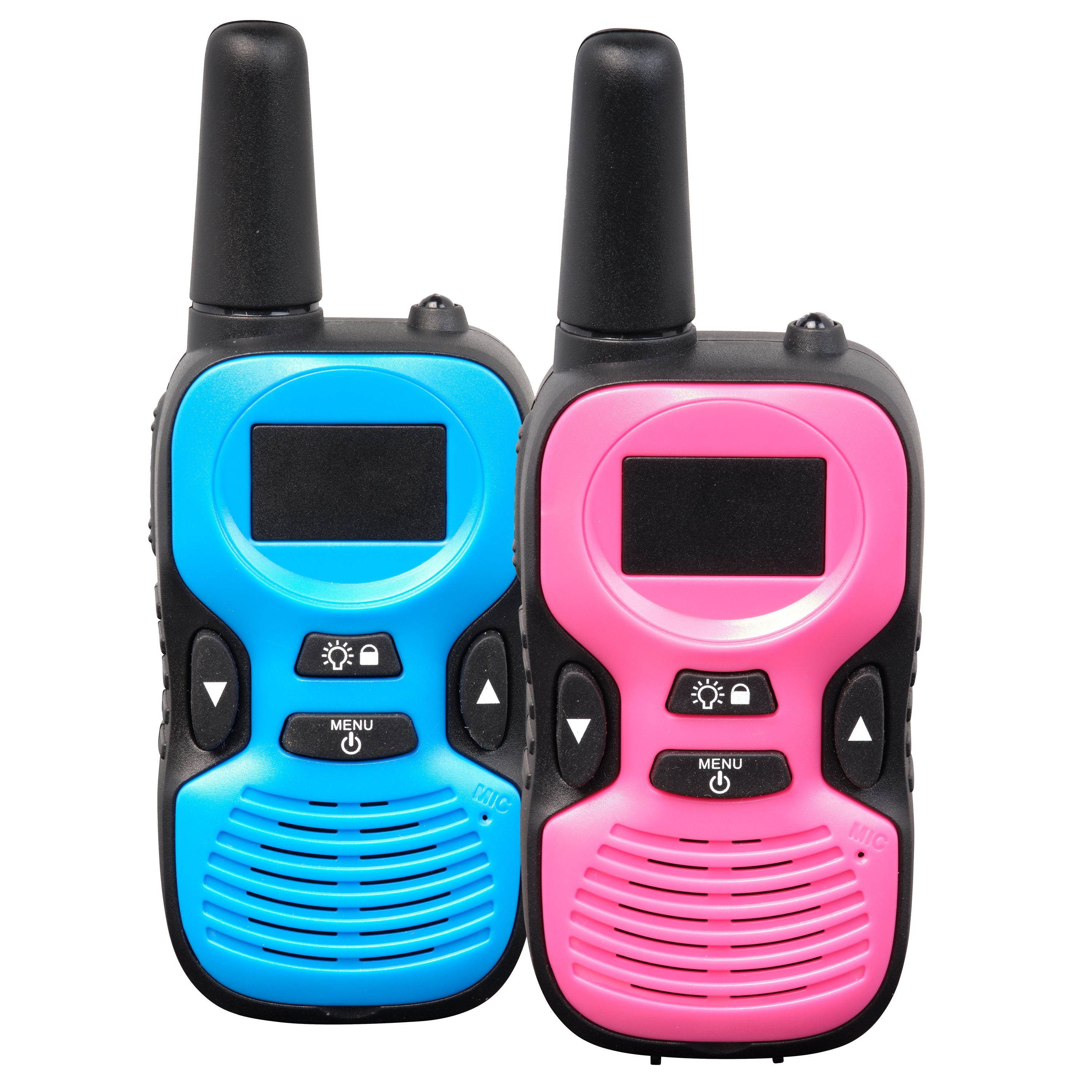 Denver Walkie Talkie WTK-441, (Set, 2-St., 2 Walkie-Talkies), 4 Cases (2 blau/2 pink), 3 Lautstufen, Lampe, Gürtelclip,SOS