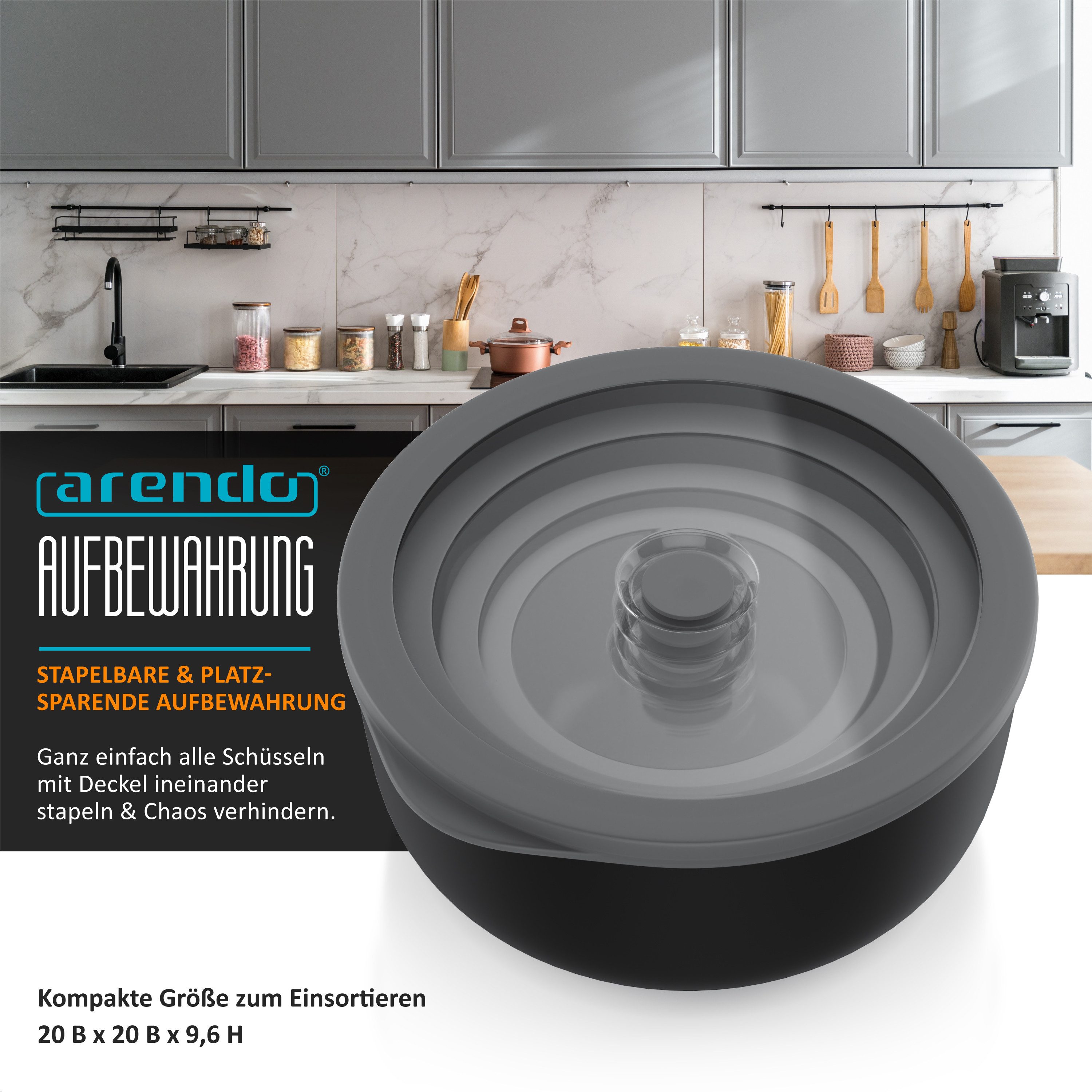Arendo Rührschüssel 4er Plastikschüssel-Set mit Deckel 0,35 L / 0,65 L / 1,2 L / 2,0 L, Kunststoff, (Set, 4-tlg), rund, BPA-frei, Spülmaschinen und Mikrowellen geeignet