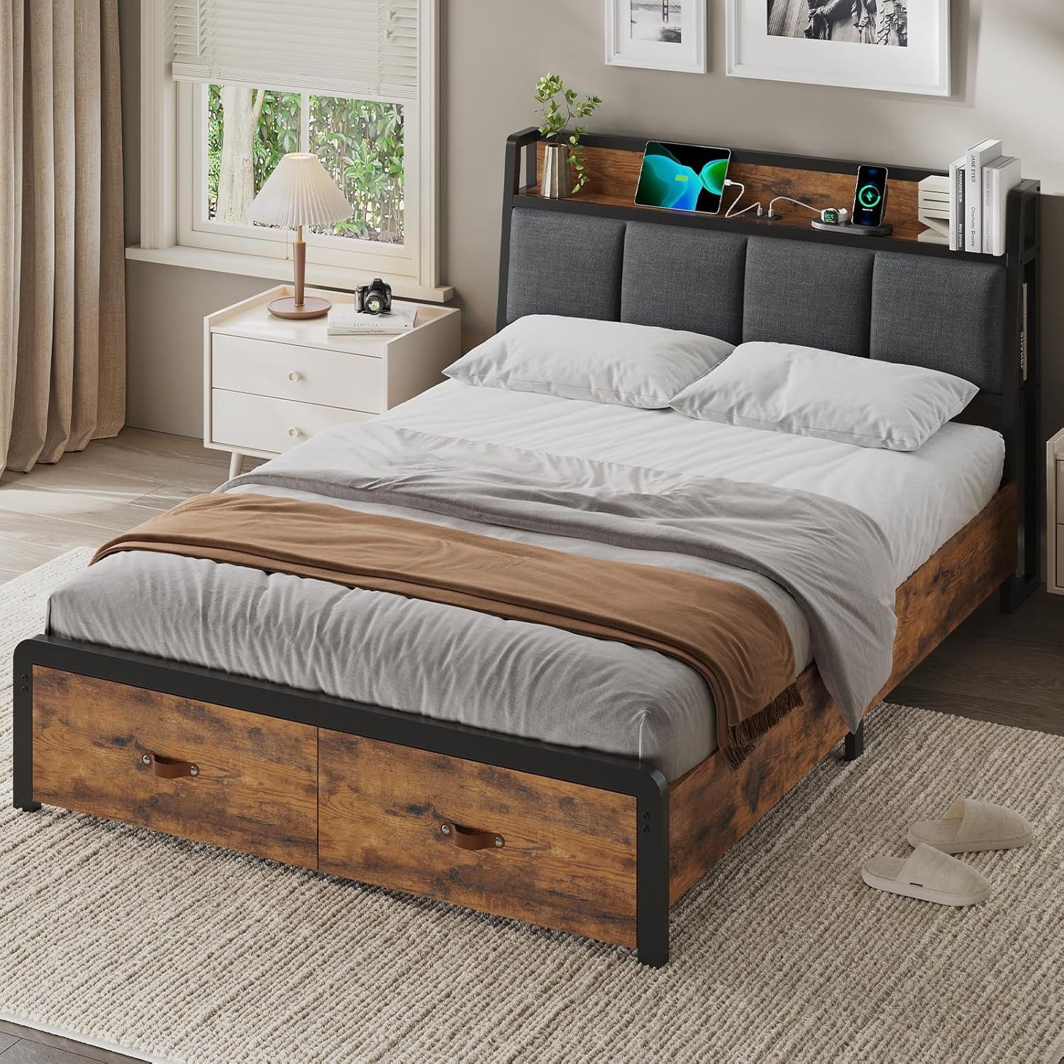KIMENICH Metallbett Bettgestell mit Ladestation und 2 Schubladen, Jugendbett (1-tlg., Ohne Matratze), 140x200cm, Schwarz+Vintage Braun – Bild 4 von 5