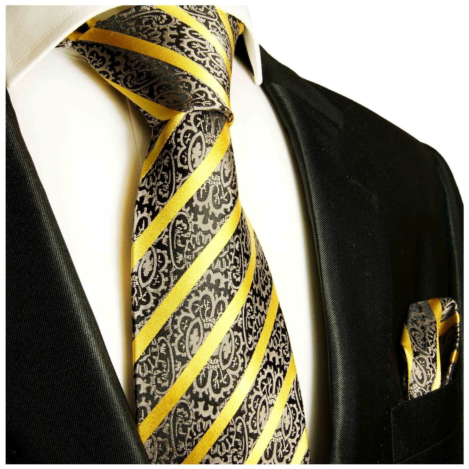 Paul Malone (6cm), mit und Herren 2-St., barock grau Tuch (Set, 931 Krawatte Schmal gestreift Einstecktuch) Seidenkrawatte 100% schwarz Seide gold Krawatte
