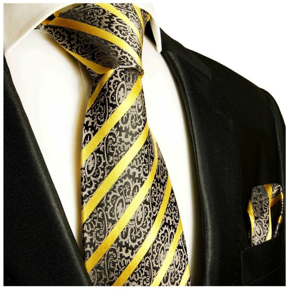 Paul Malone Krawatte Herren Seidenkrawatte und Tuch barock gestreift 100%  Seide (Set, 2-St., Krawatte mit Einstecktuch) Schmal (6cm), gold schwarz  grau 931